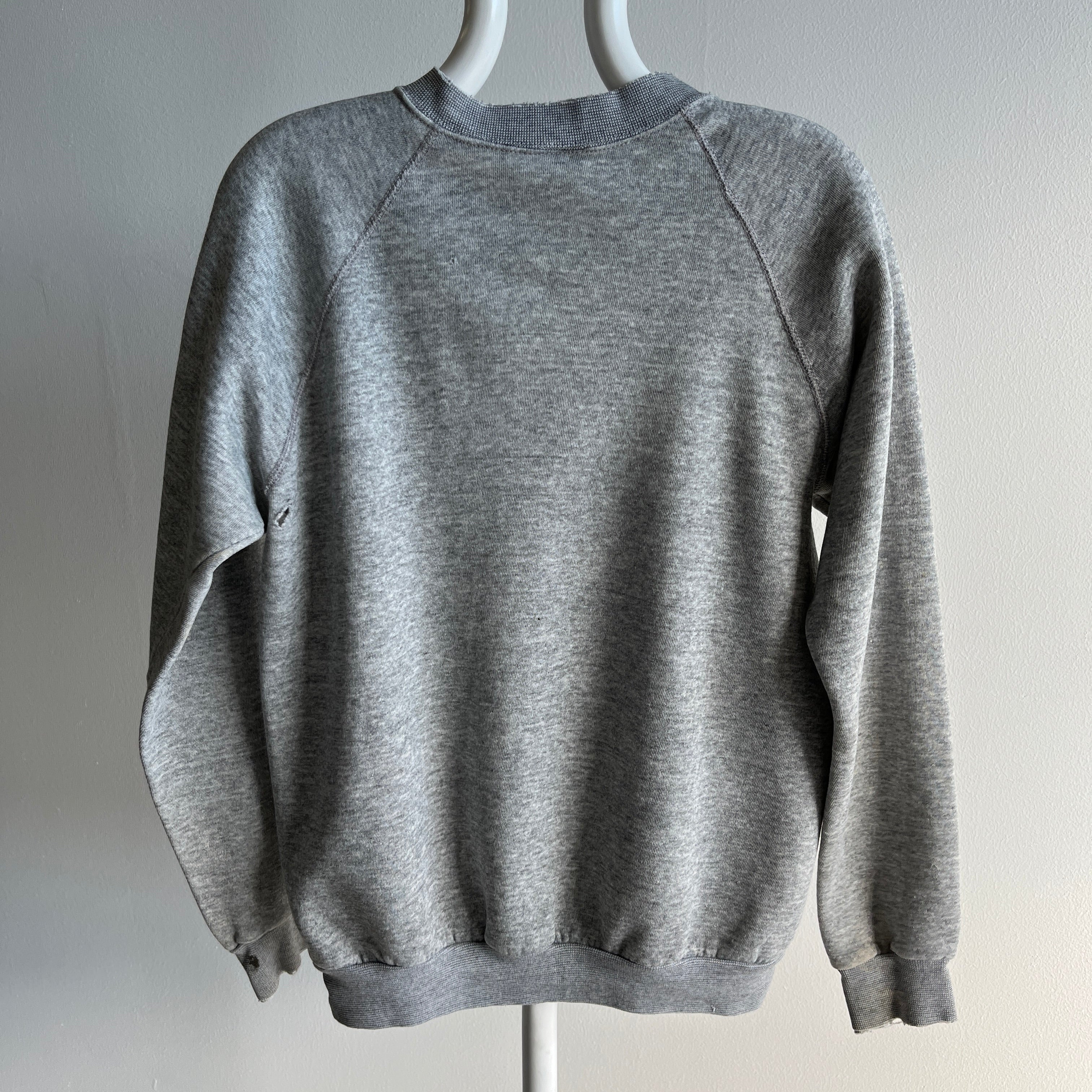 1980s Perfectly Tattered Split Collared Blank Gray Stained Sweatshirt