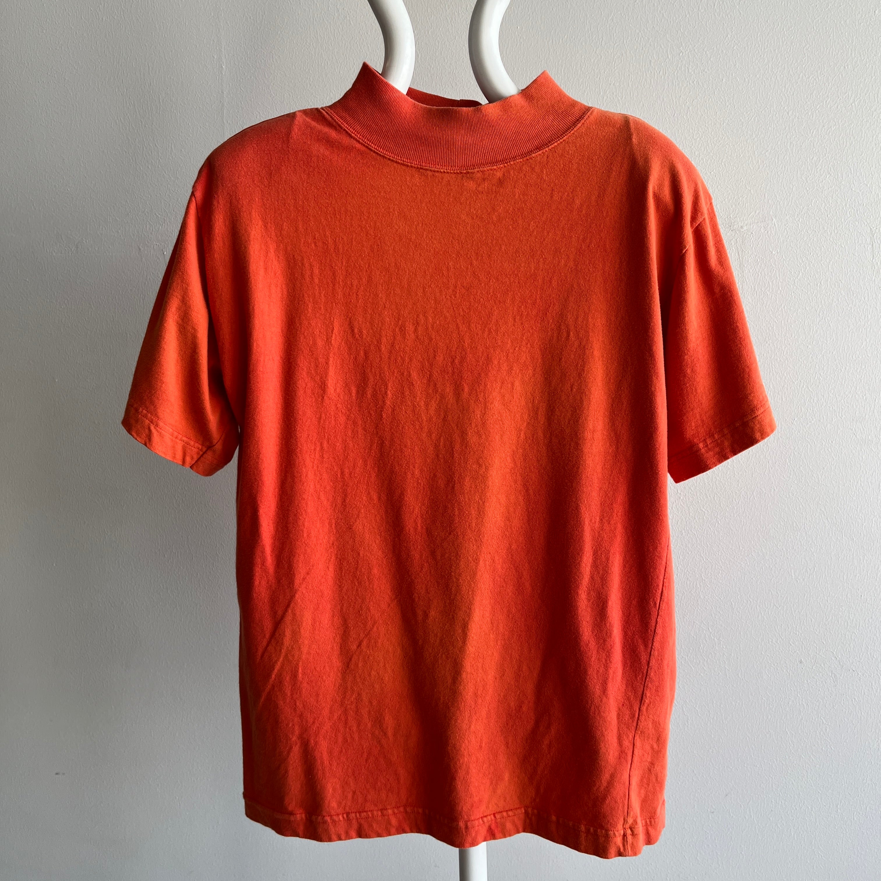 1980s Orange Cotton Mock Neck T-Shirt with... SHoulder Pads!