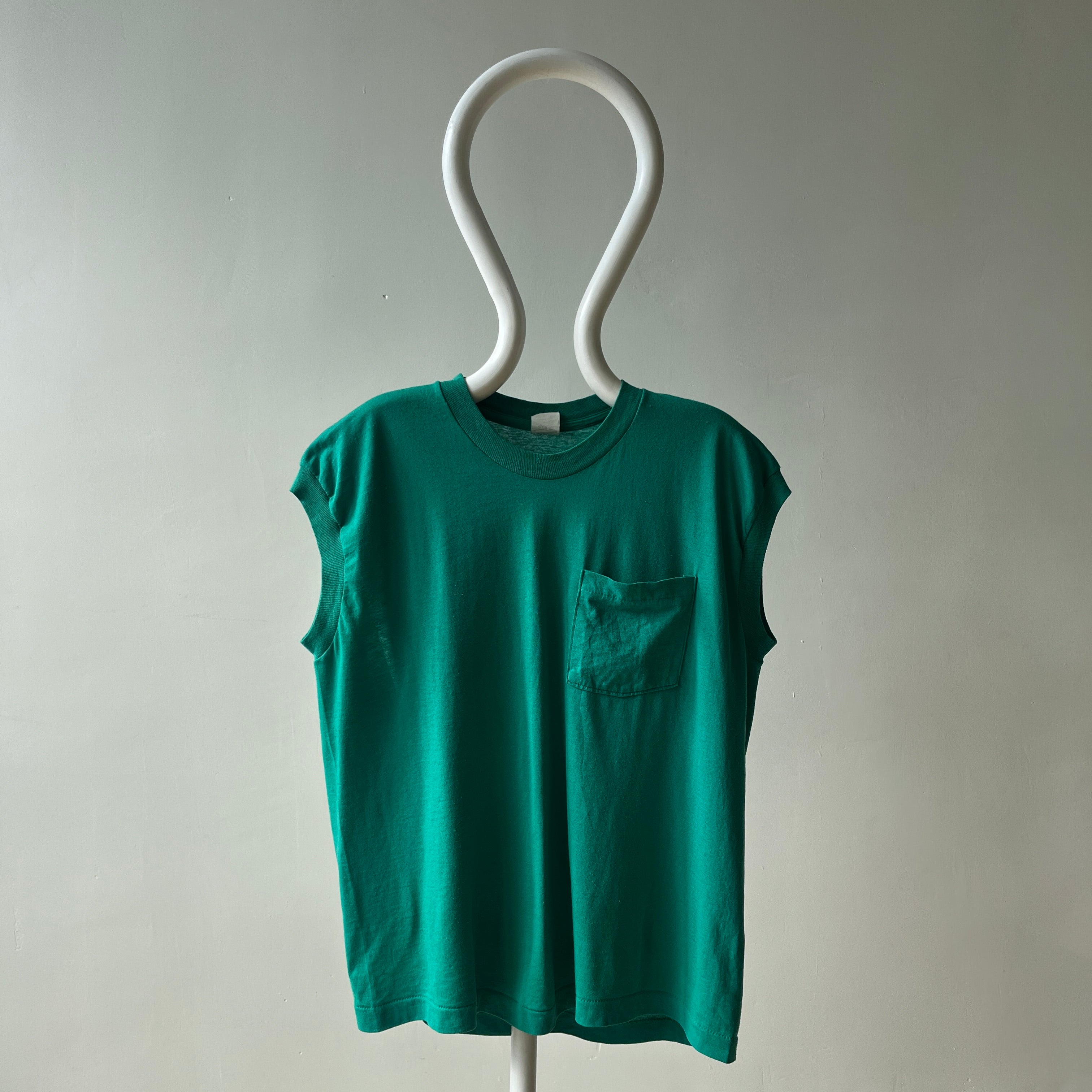 1980s Blank Green Muscle Pocket T Shirt
