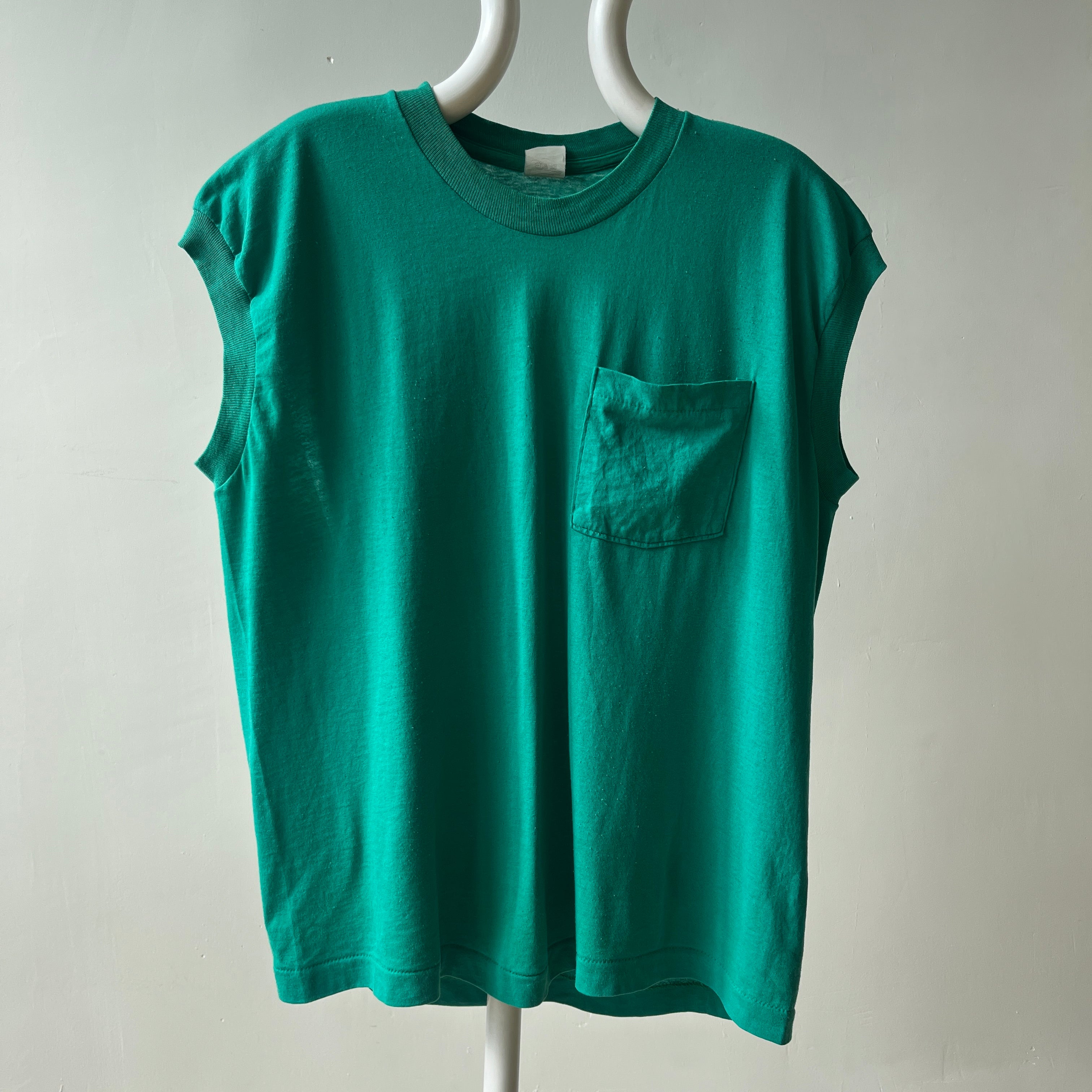 1980s Blank Green Muscle Pocket T Shirt