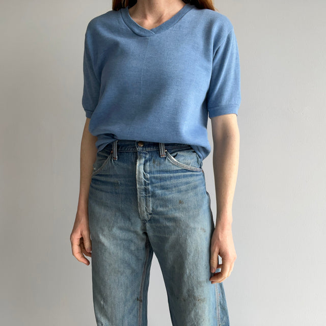 1970s Slate Blue V-Neck Warm Up - SO GOOD