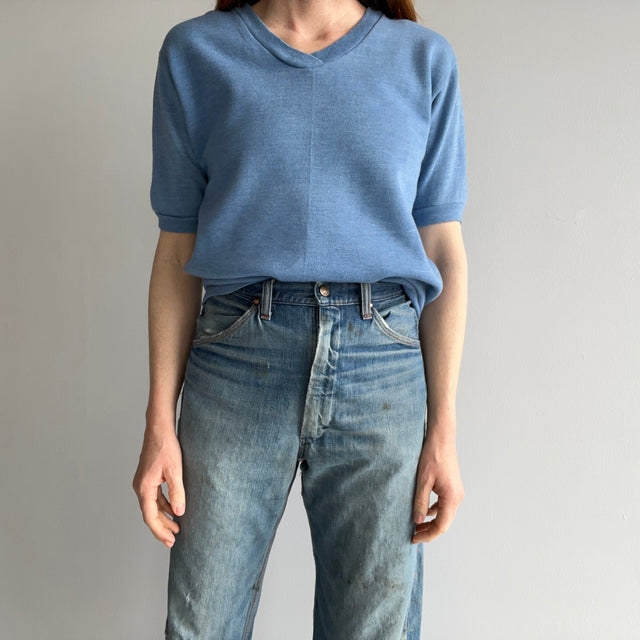 1970s Slate Blue V-Neck Warm Up - SO GOOD