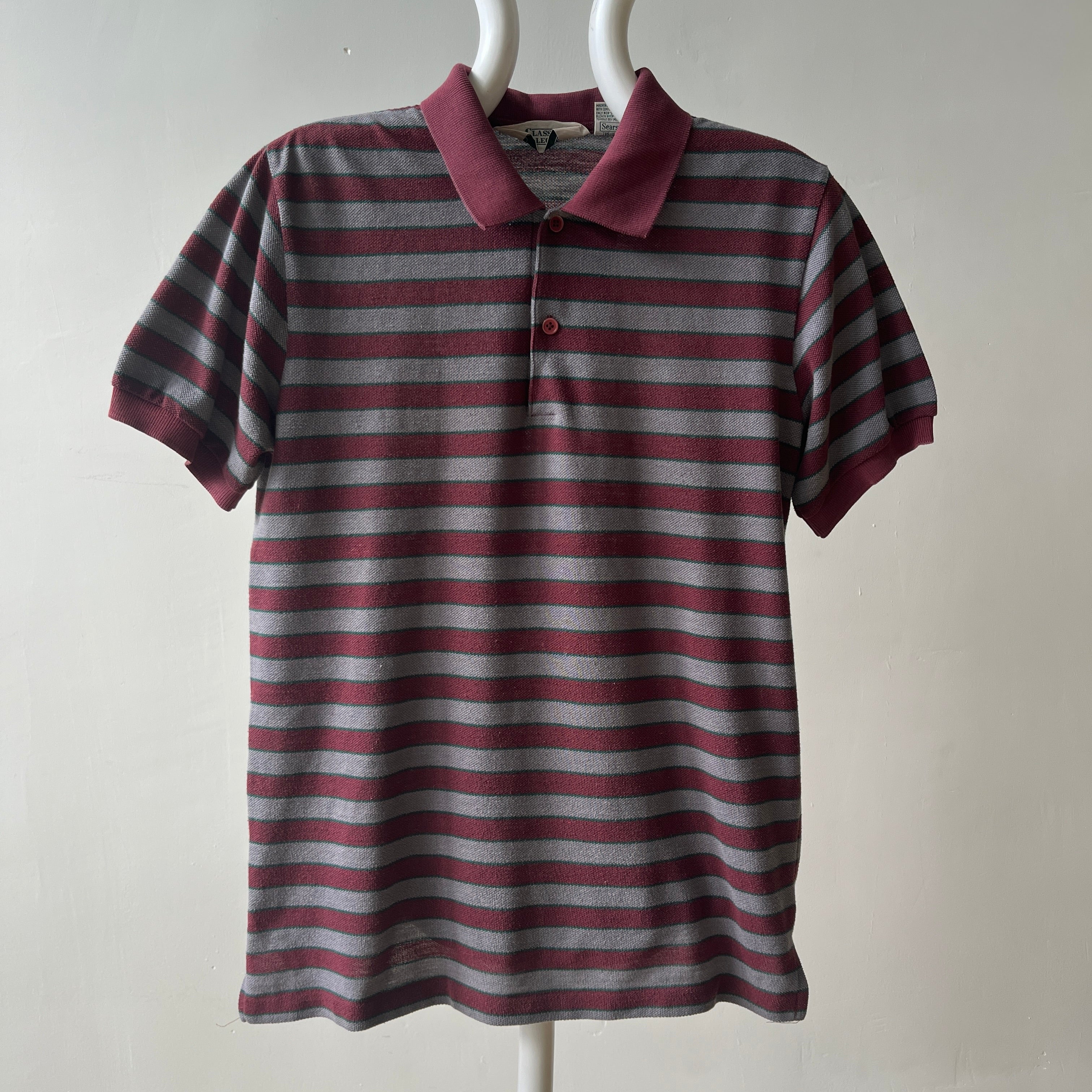 1980s Burgundy And Grey Striped Polo Style T Shirt