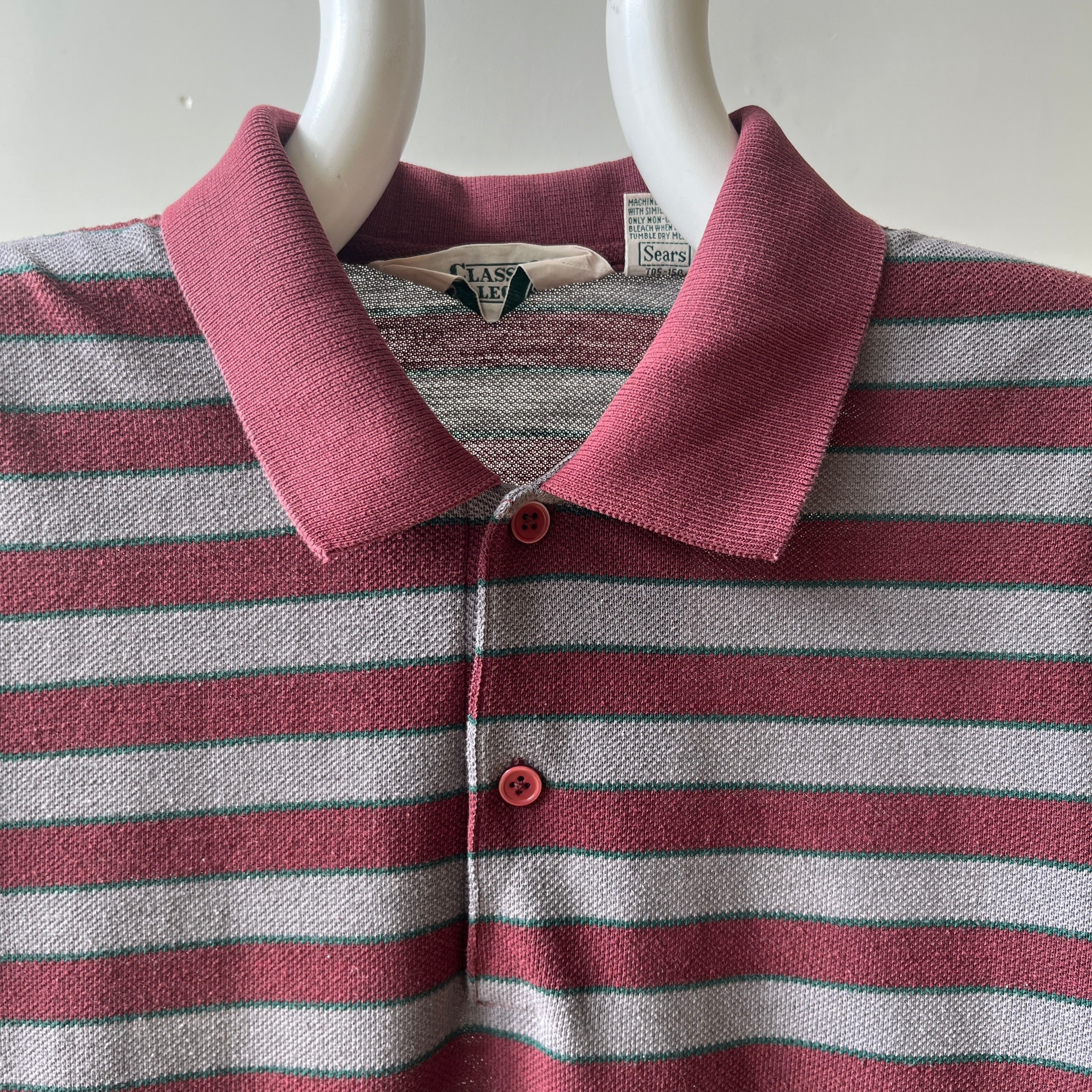 1980s Burgundy And Grey Striped Polo Style T Shirt
