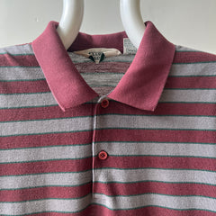 1980s Burgundy And Grey Striped Polo Style T Shirt