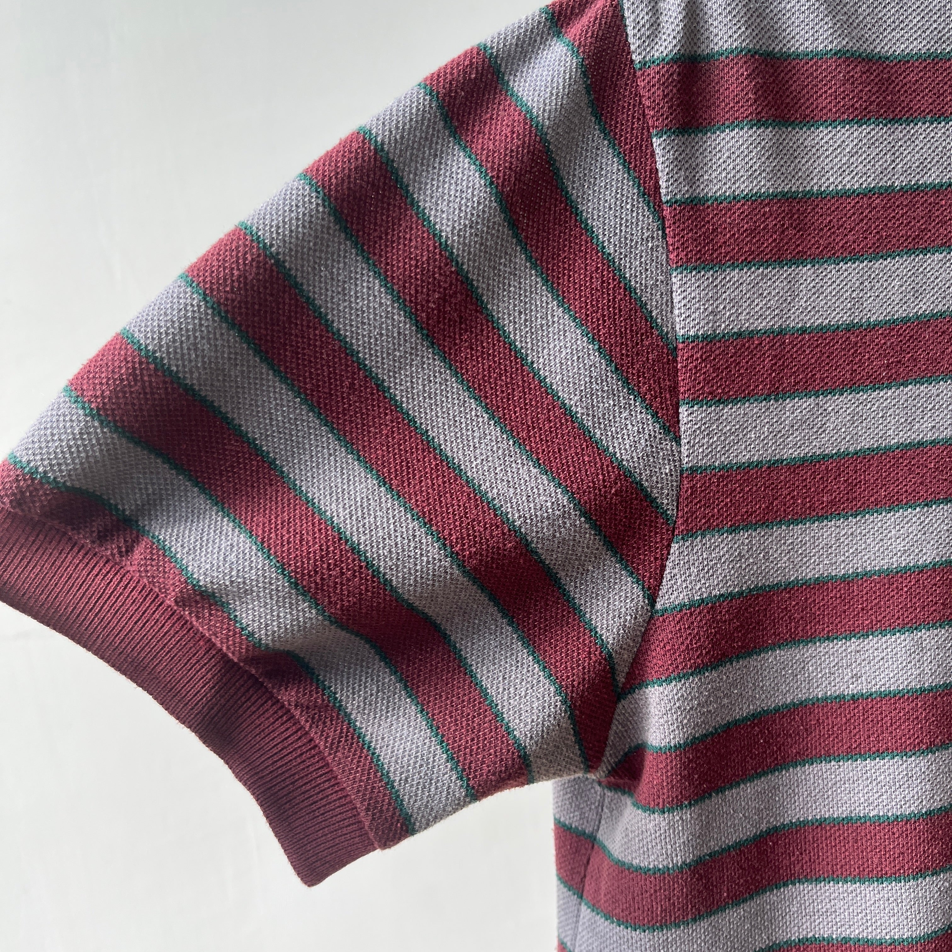 1980s Burgundy And Grey Striped Polo Style T Shirt
