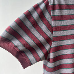 1980s Burgundy And Grey Striped Polo Style T Shirt