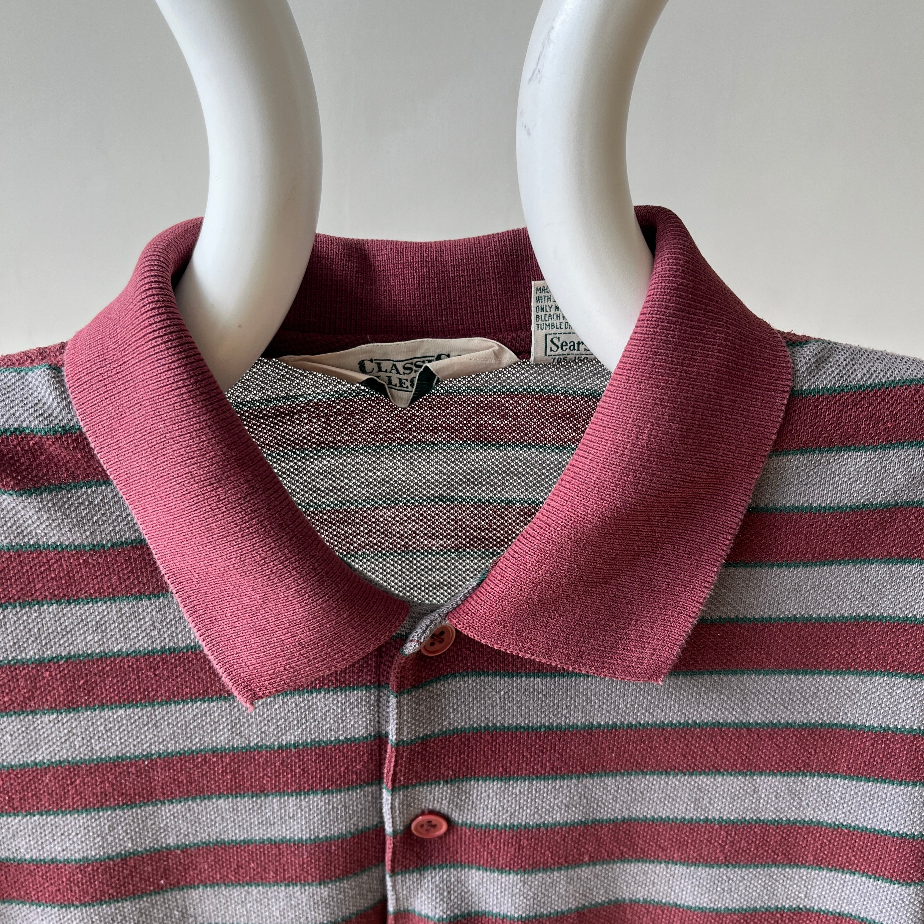 1980s Burgundy And Grey Striped Polo Style T Shirt