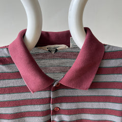 1980s Burgundy And Grey Striped Polo Style T Shirt