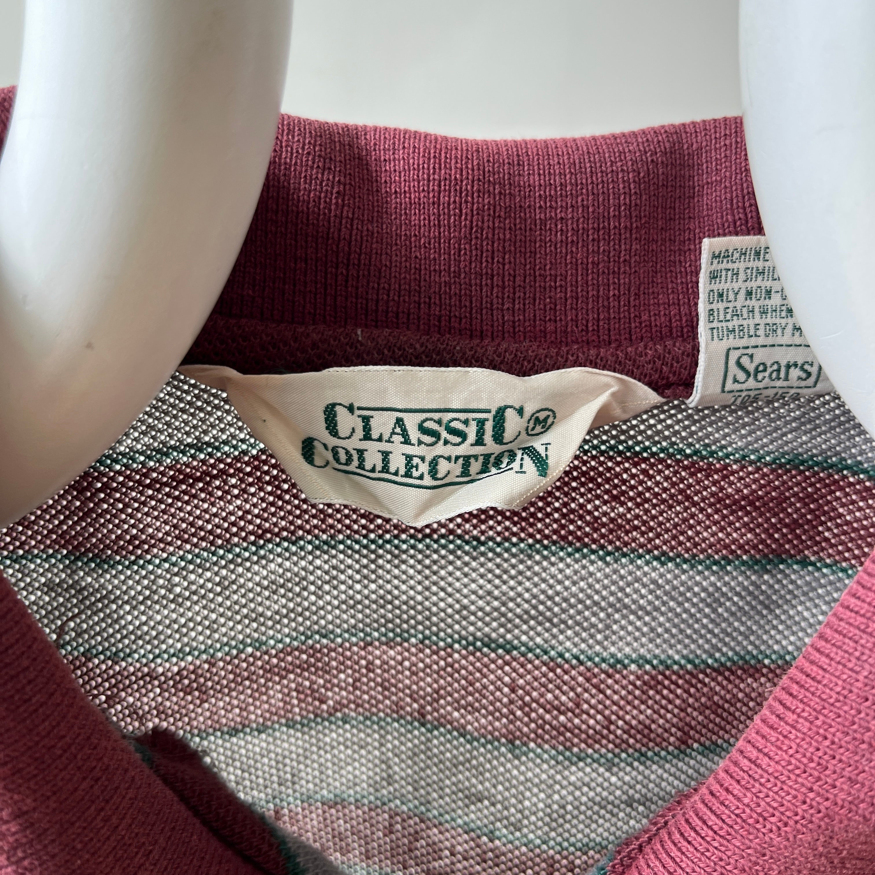 1980s Burgundy And Grey Striped Polo Style T Shirt