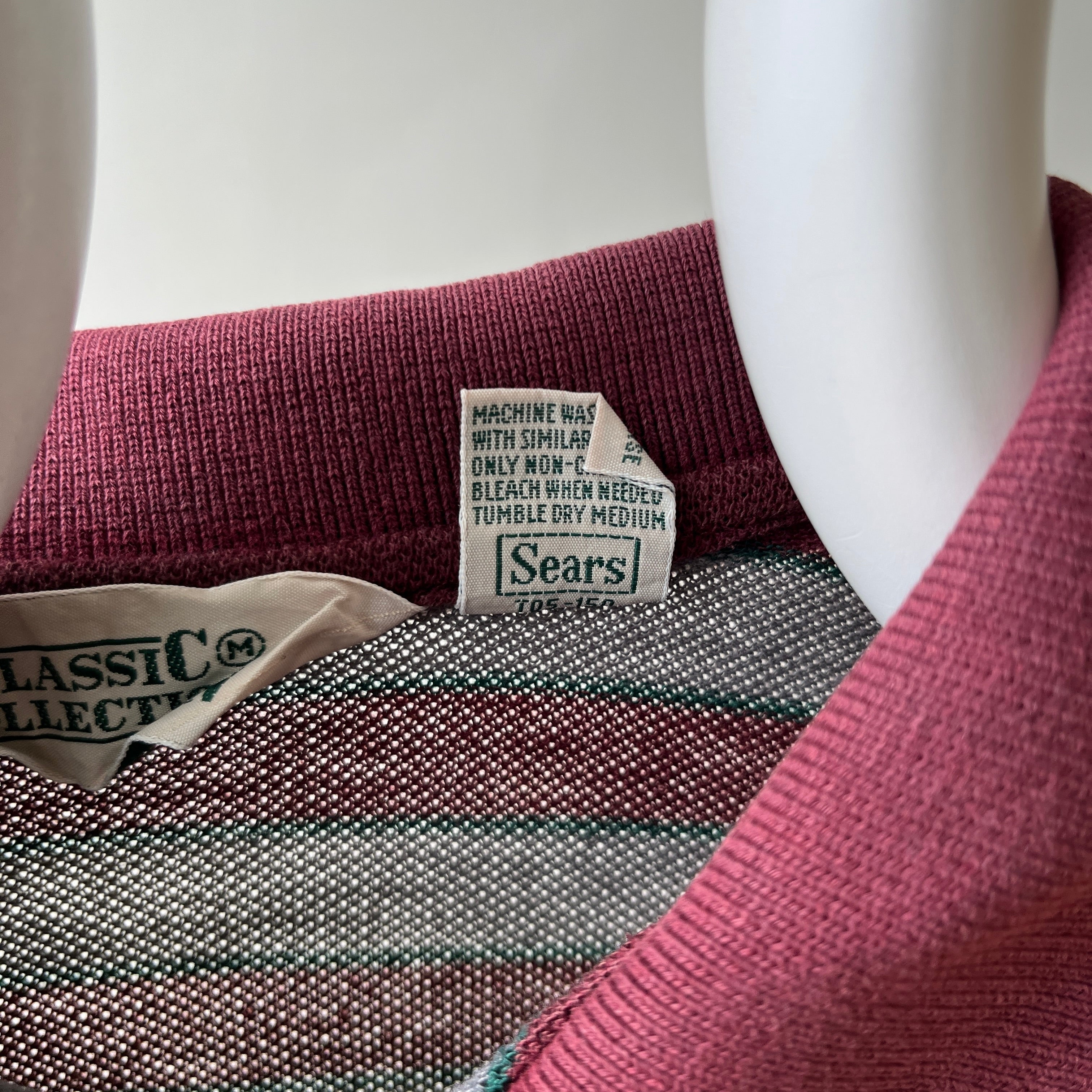 1980s Burgundy And Grey Striped Polo Style T Shirt