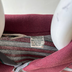 1980s Burgundy And Grey Striped Polo Style T Shirt