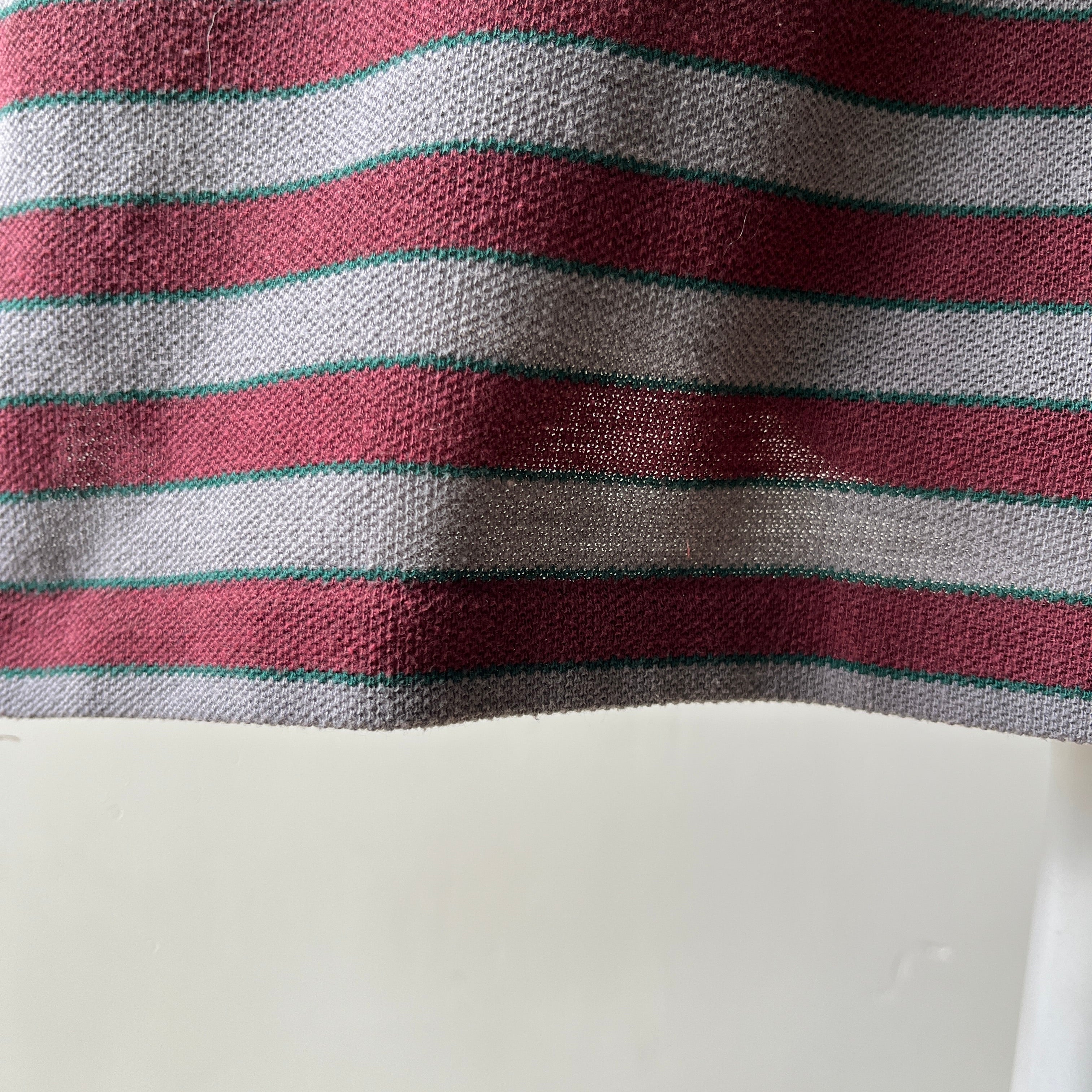 1980s Burgundy And Grey Striped Polo Style T Shirt