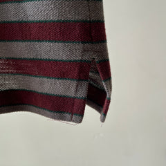 1980s Burgundy And Grey Striped Polo Style T Shirt