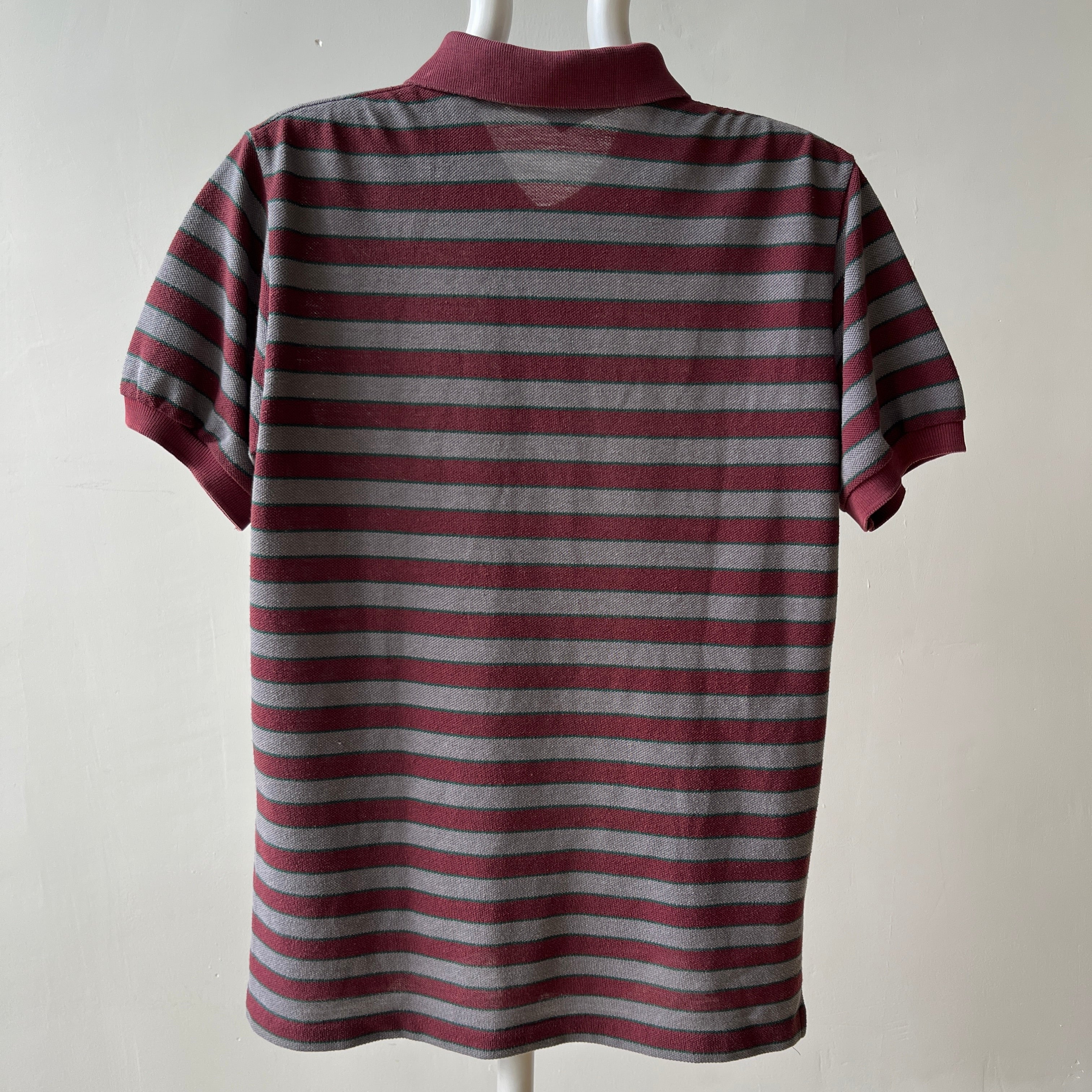 1980s Burgundy And Grey Striped Polo Style T Shirt