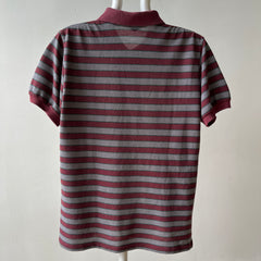 1980s Burgundy And Grey Striped Polo Style T Shirt