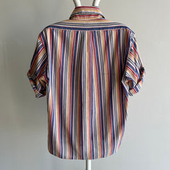 1970s Striped Short Sleeve Button Up T-Shirt - WOWOWOOW