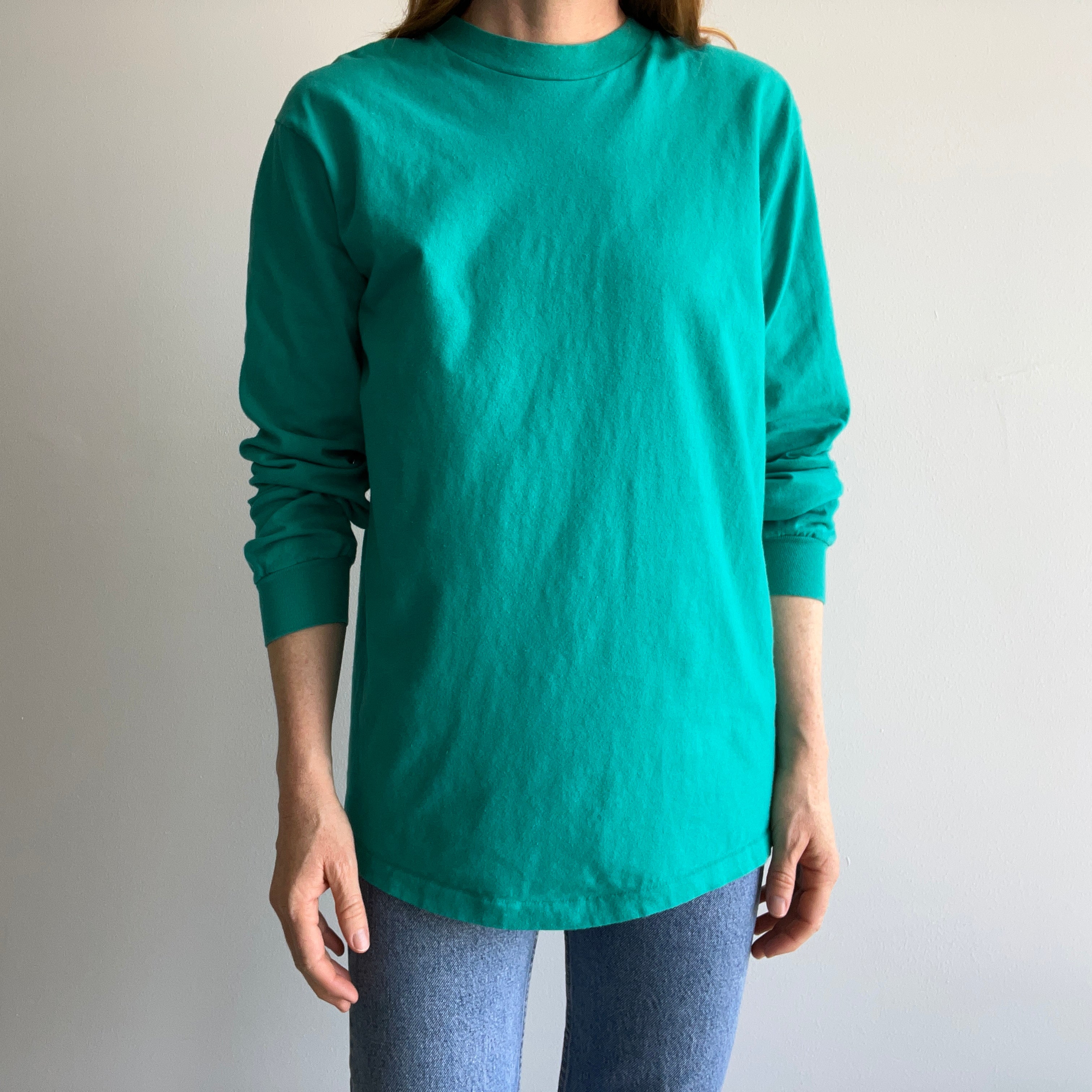 1980s Teal Cotton Long Sleeve T-Shirt by Hanes Beefy-T