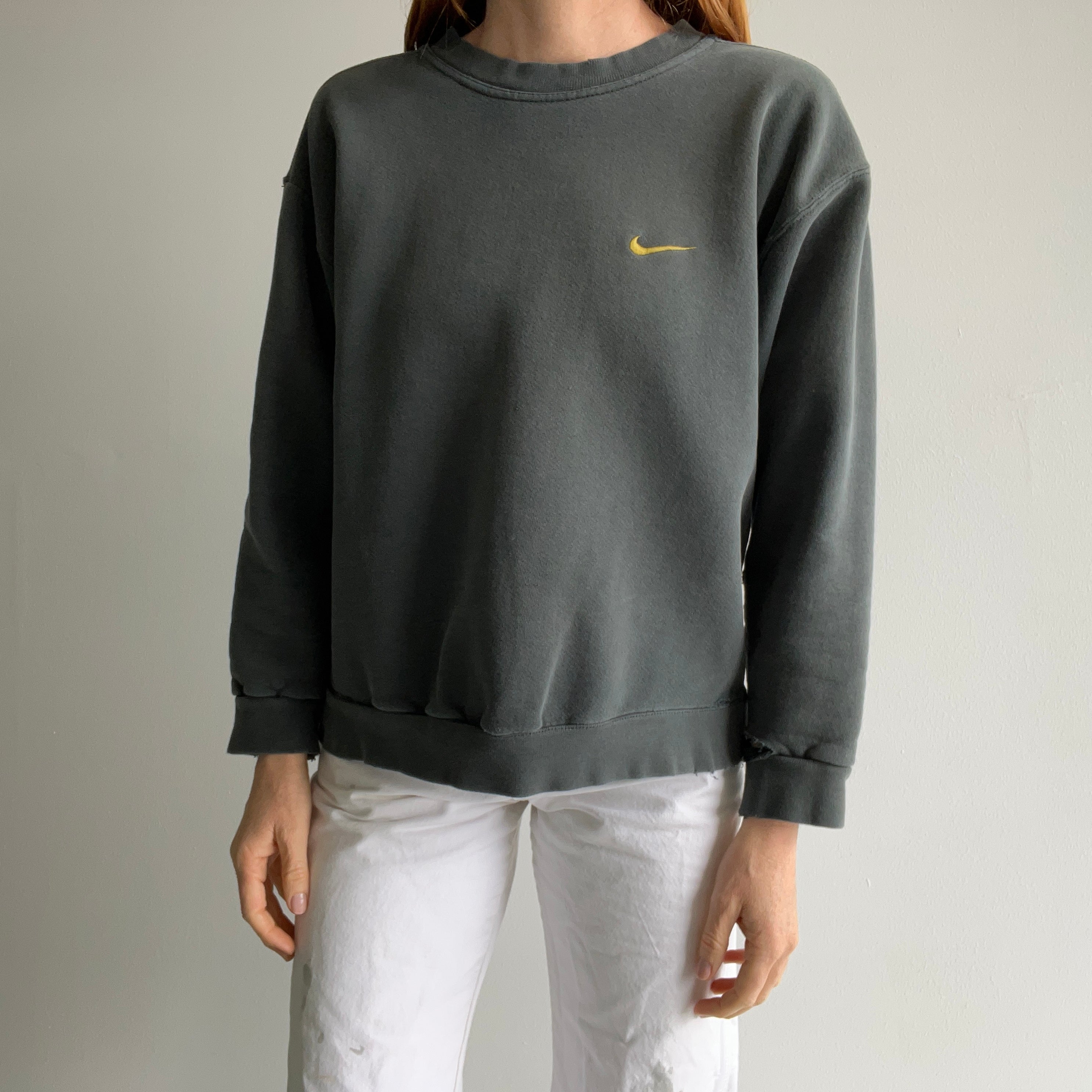 1990s Tattered Torn and Worn Faded Green Destroyed Nike Sweatshirt