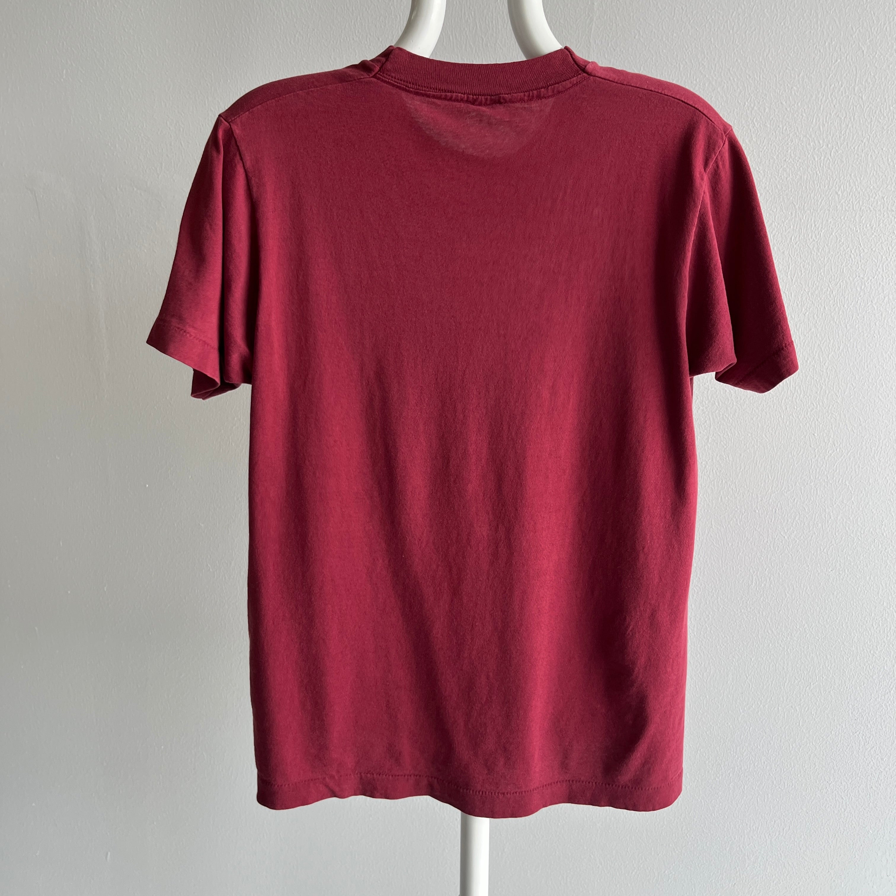 1980s Perfectly Worn, Tattered, Thinned Out and Slouchy Selvedge Pocket Burgundy Red FOTL Pocket T-Shirt