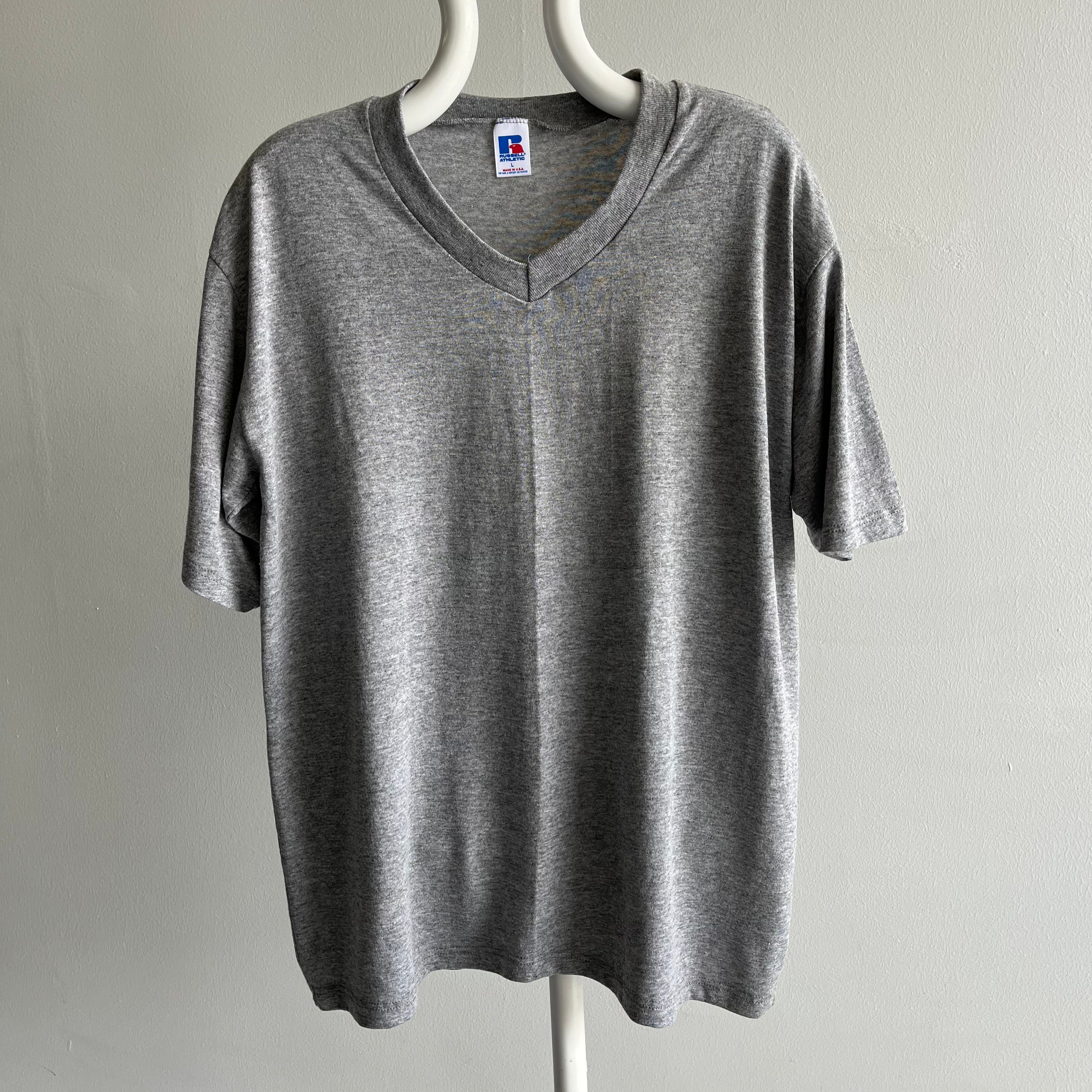 1980/90s Russell Brand V-Neck Gray T-Shirt - Classic/Like New