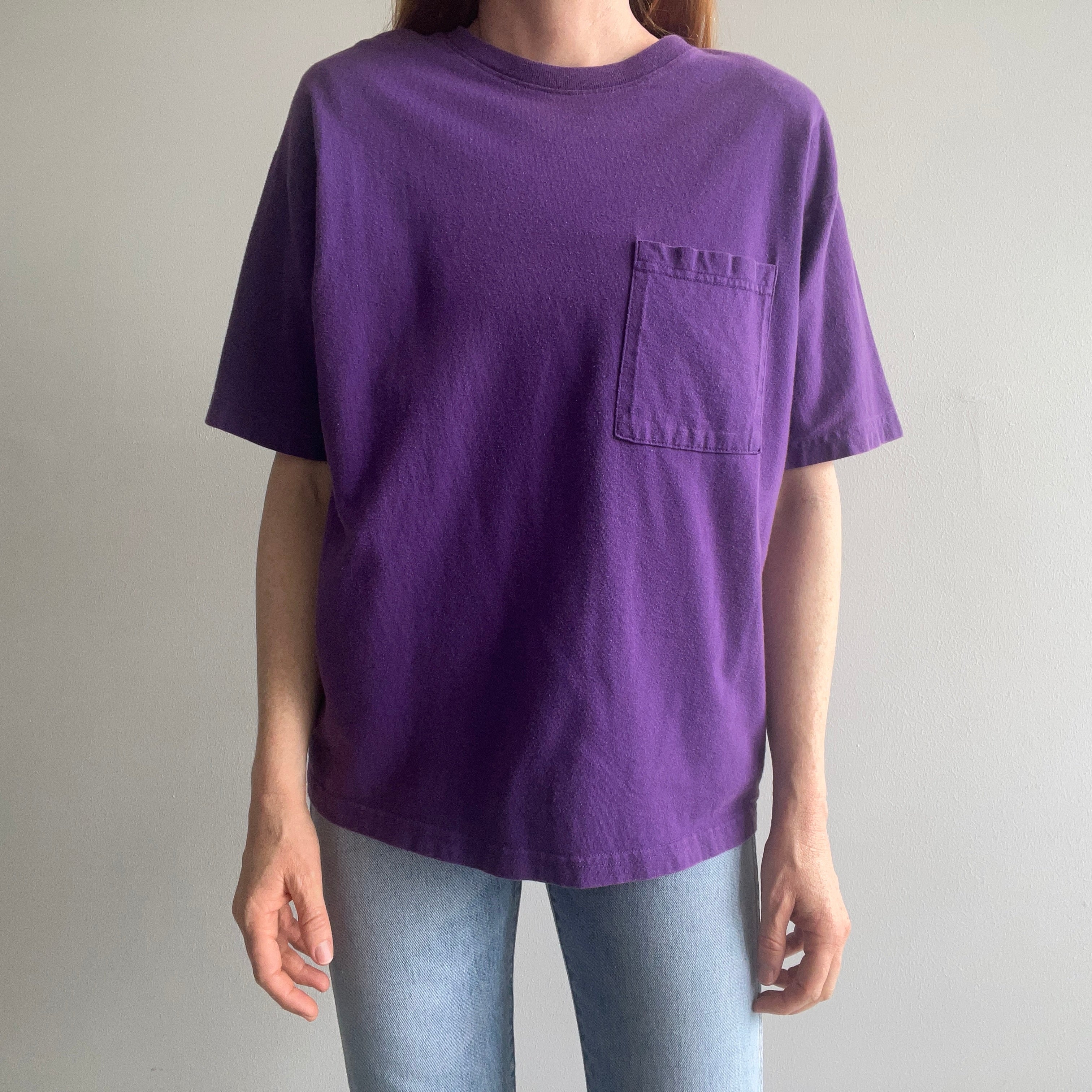 1980/90s Purple Pocket T-Shirt with Shoulder Pads - Yes Indeed!