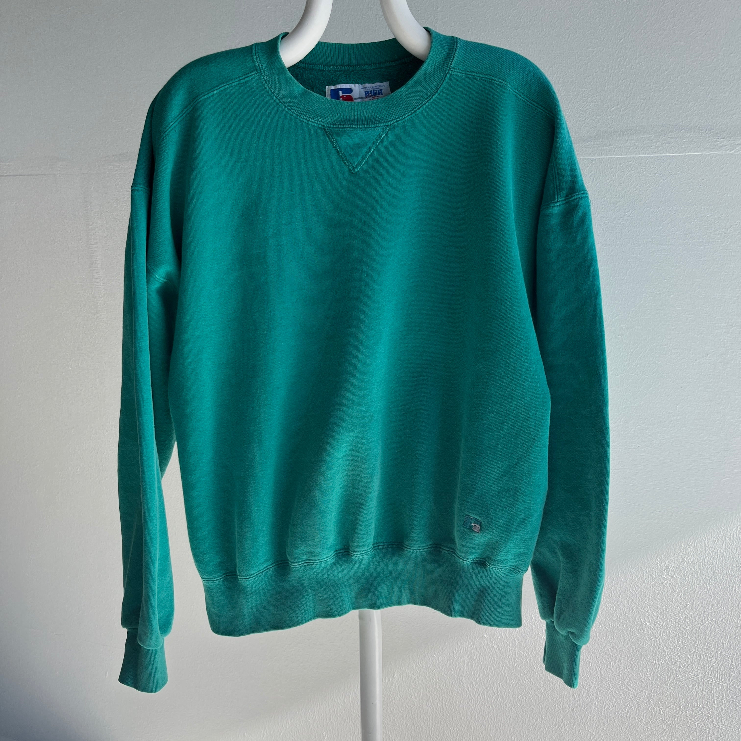1990s Russell Brand Mostly Cotton Faded Green Single V Structured Sweatshirt