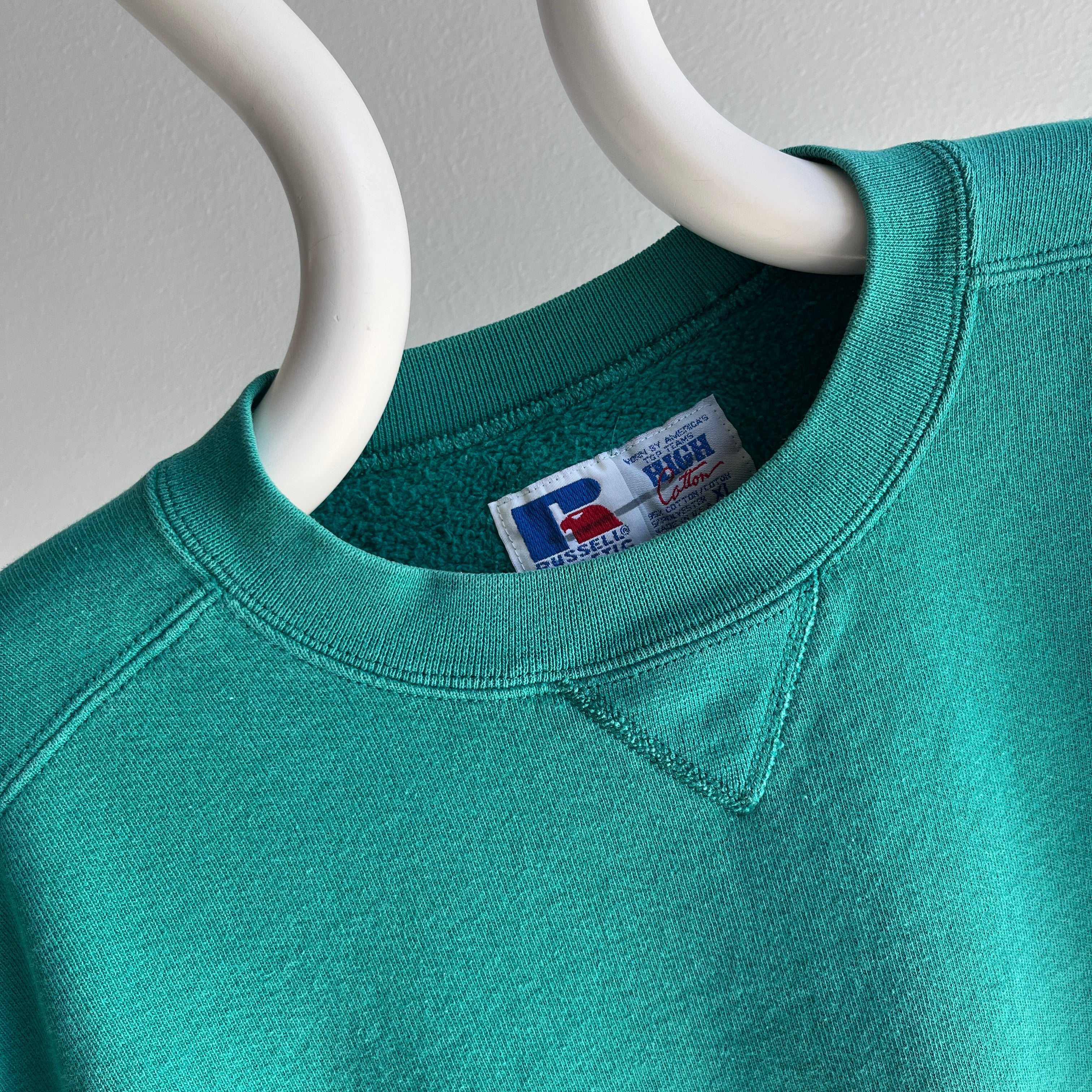 1990s Russell Brand Mostly Cotton Faded Green Single V Structured Sweatshirt