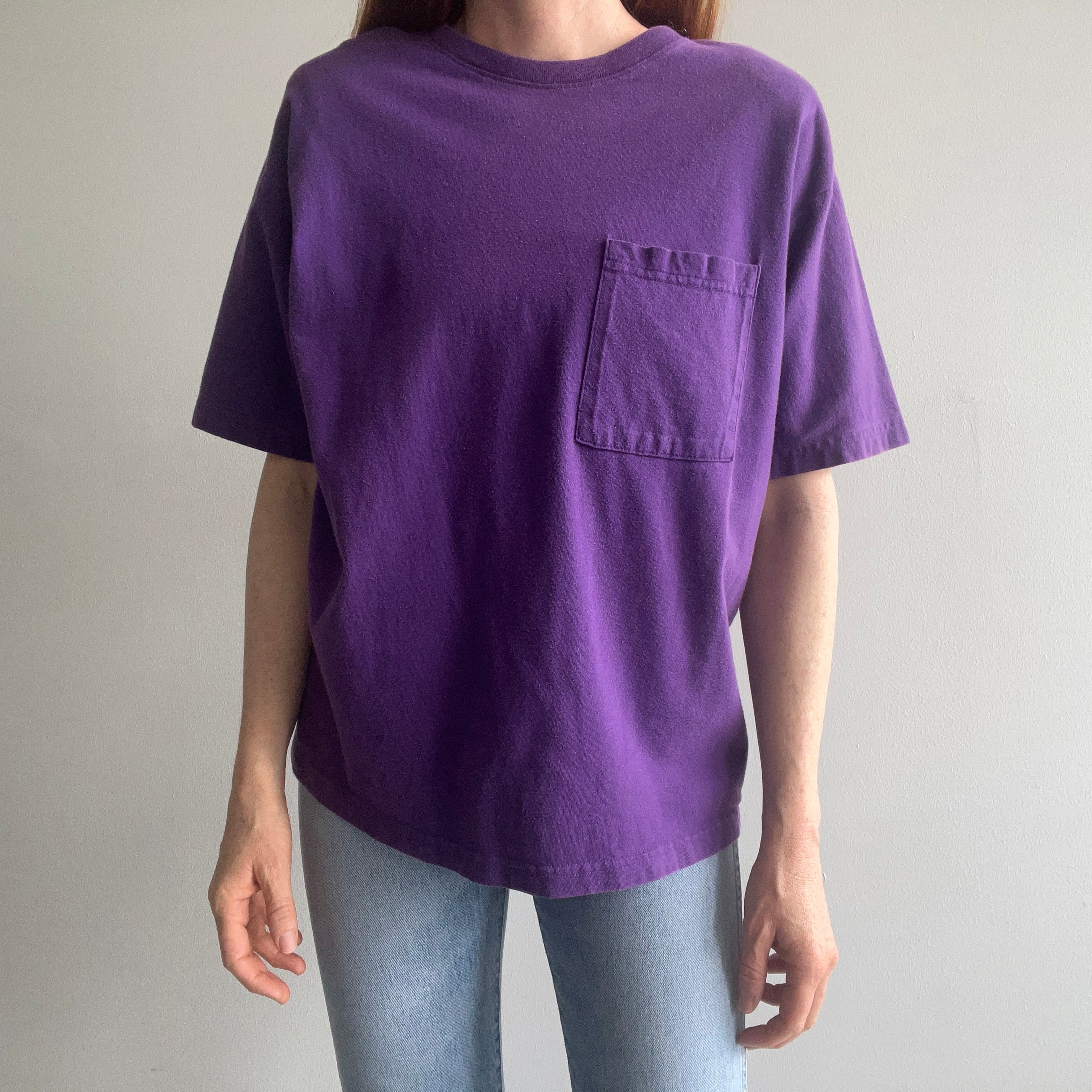 1980/90s Purple Pocket T-Shirt with Shoulder Pads - Yes Indeed!