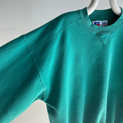 1990s Russell Brand Mostly Cotton Faded Green Single V Structured Sweatshirt