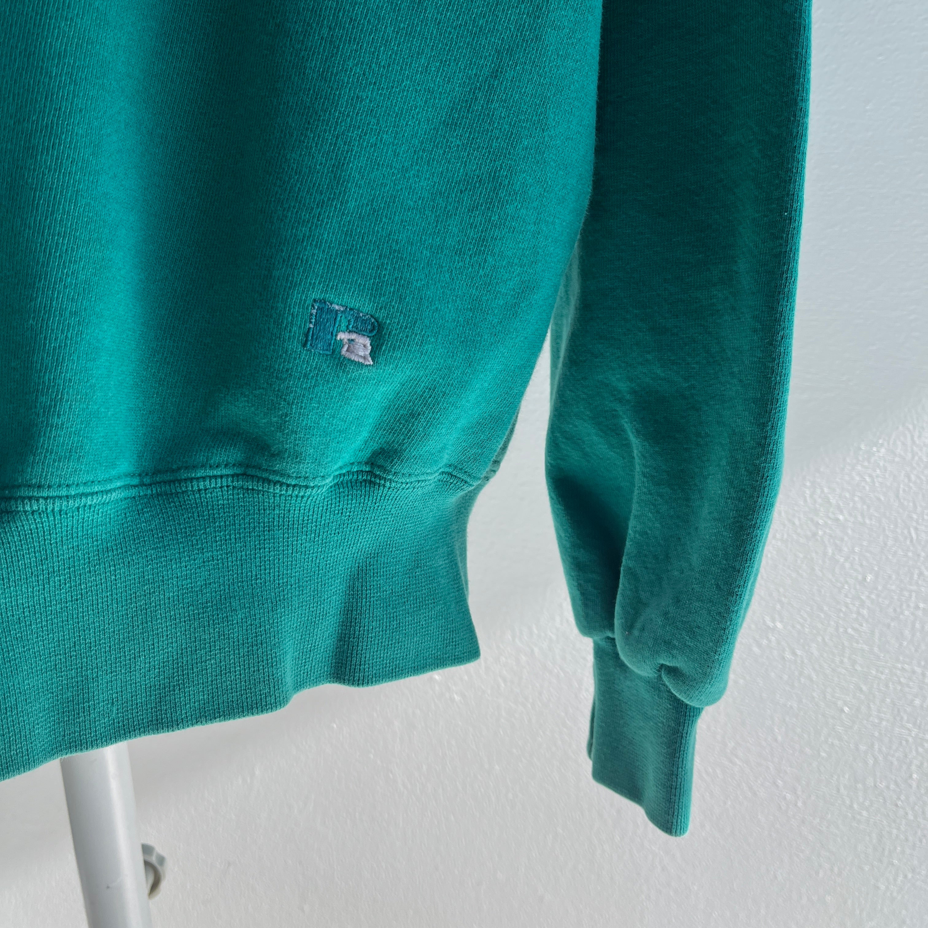 1990s Russell Brand Mostly Cotton Faded Green Single V Structured Sweatshirt