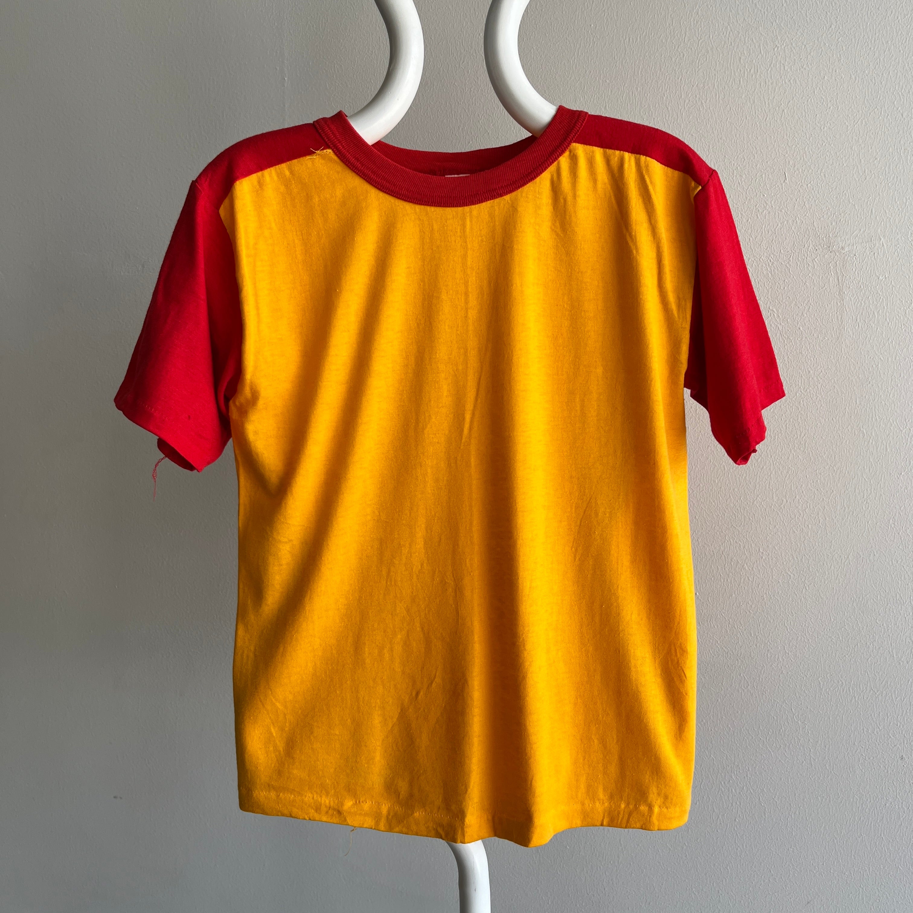 1980s Two Tone Red and Marigold Yellow Color Block T-Shirt