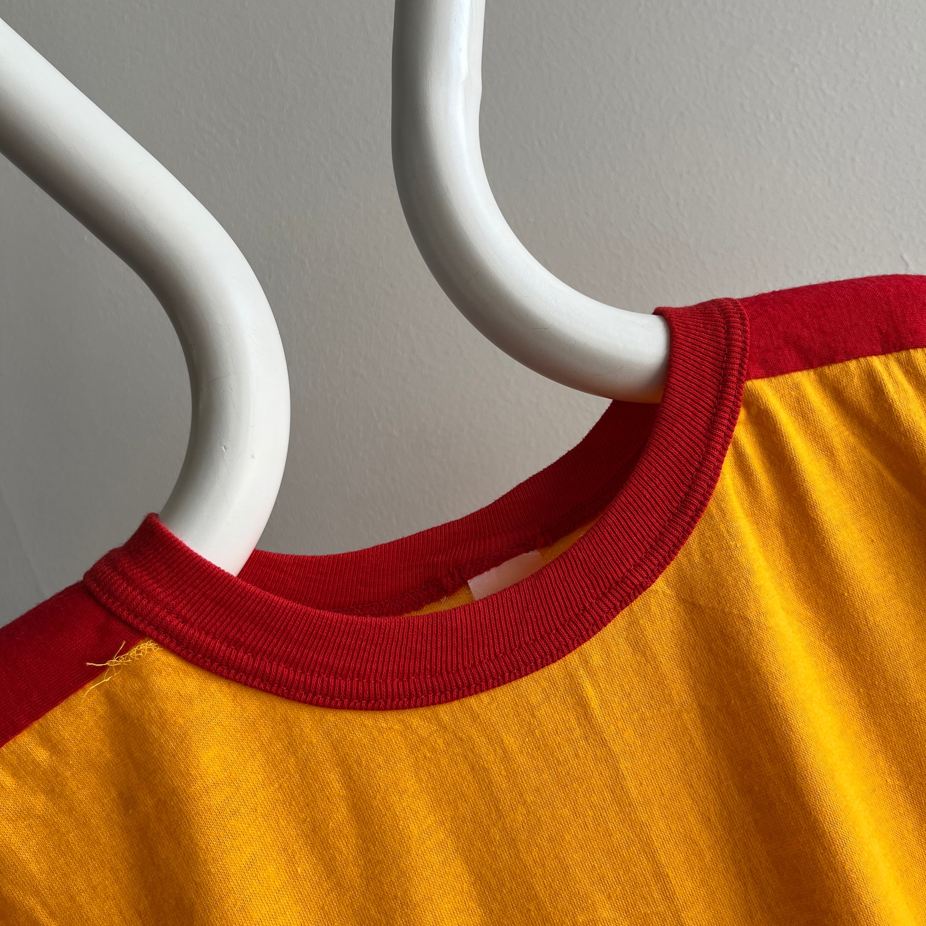 1980s Two Tone Red and Marigold Yellow Color Block T-Shirt