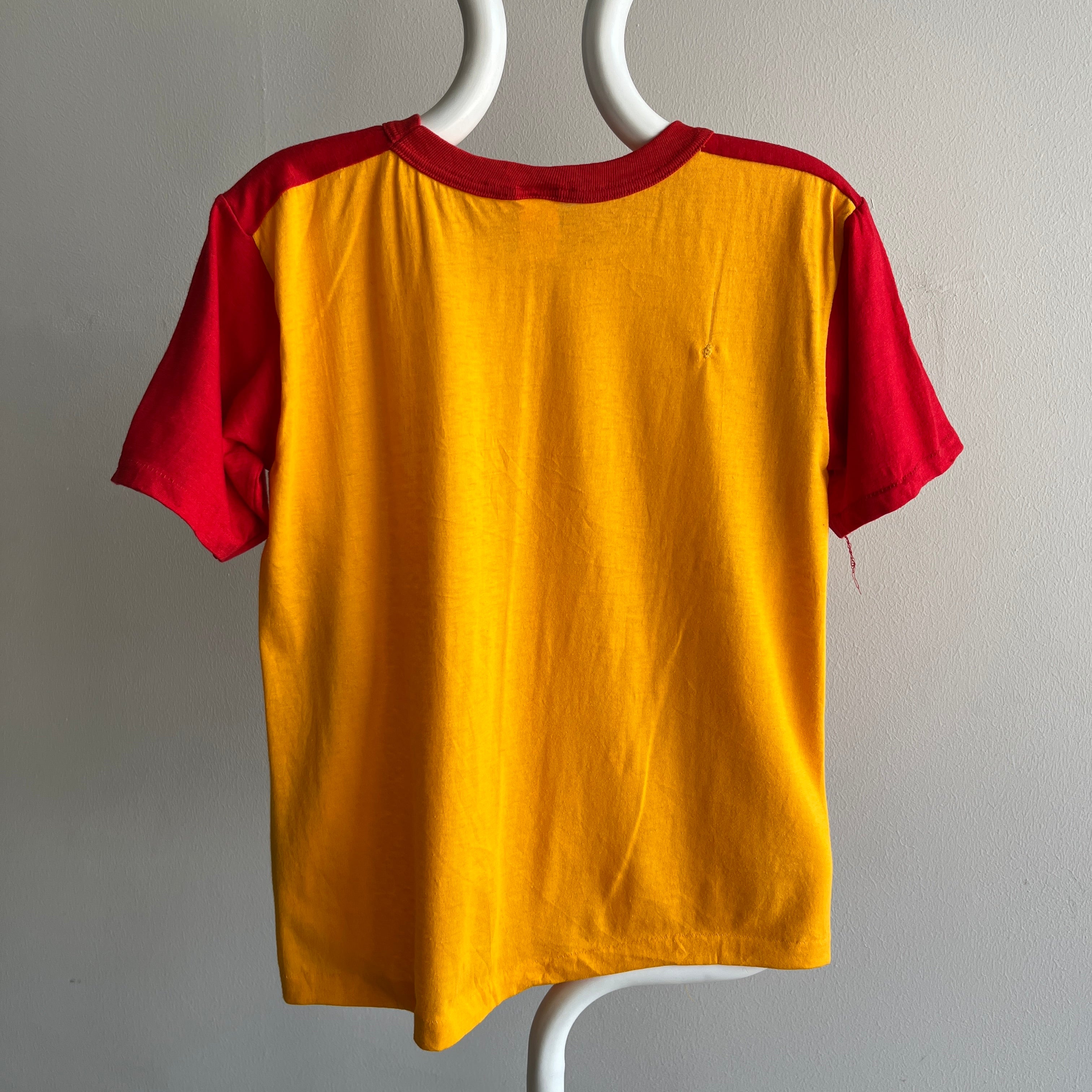 1980s Two Tone Red and Marigold Yellow Color Block T-Shirt