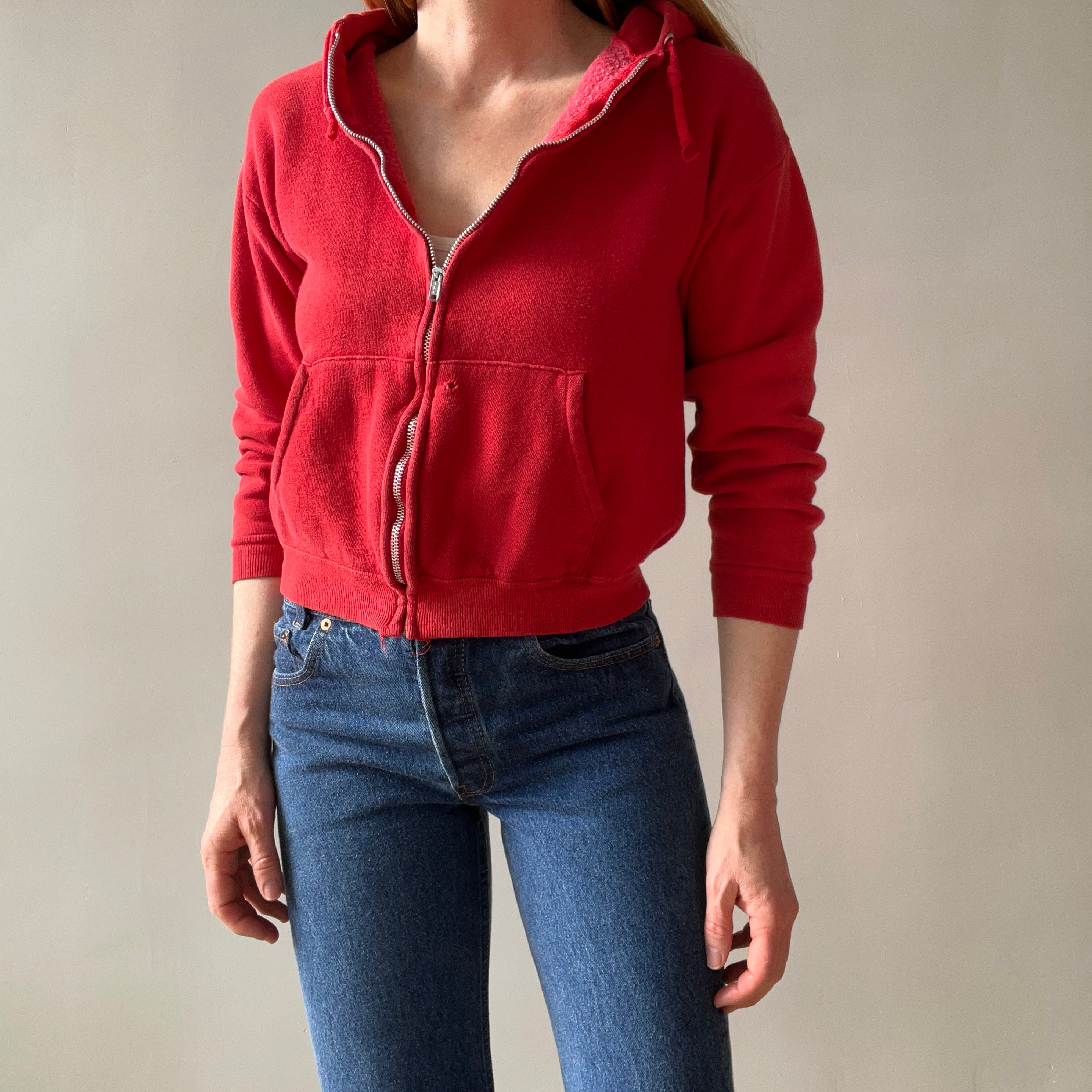 1970s Mostly Cotton (All?) Sweet Red Zip Up Hoodie - Personal Collection Piece