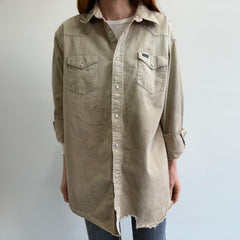 1980s Thrashed,Whiskered, Tattered, Torn, Worn, Wrangler Khaki Cowboy Snap Workwear Shirt