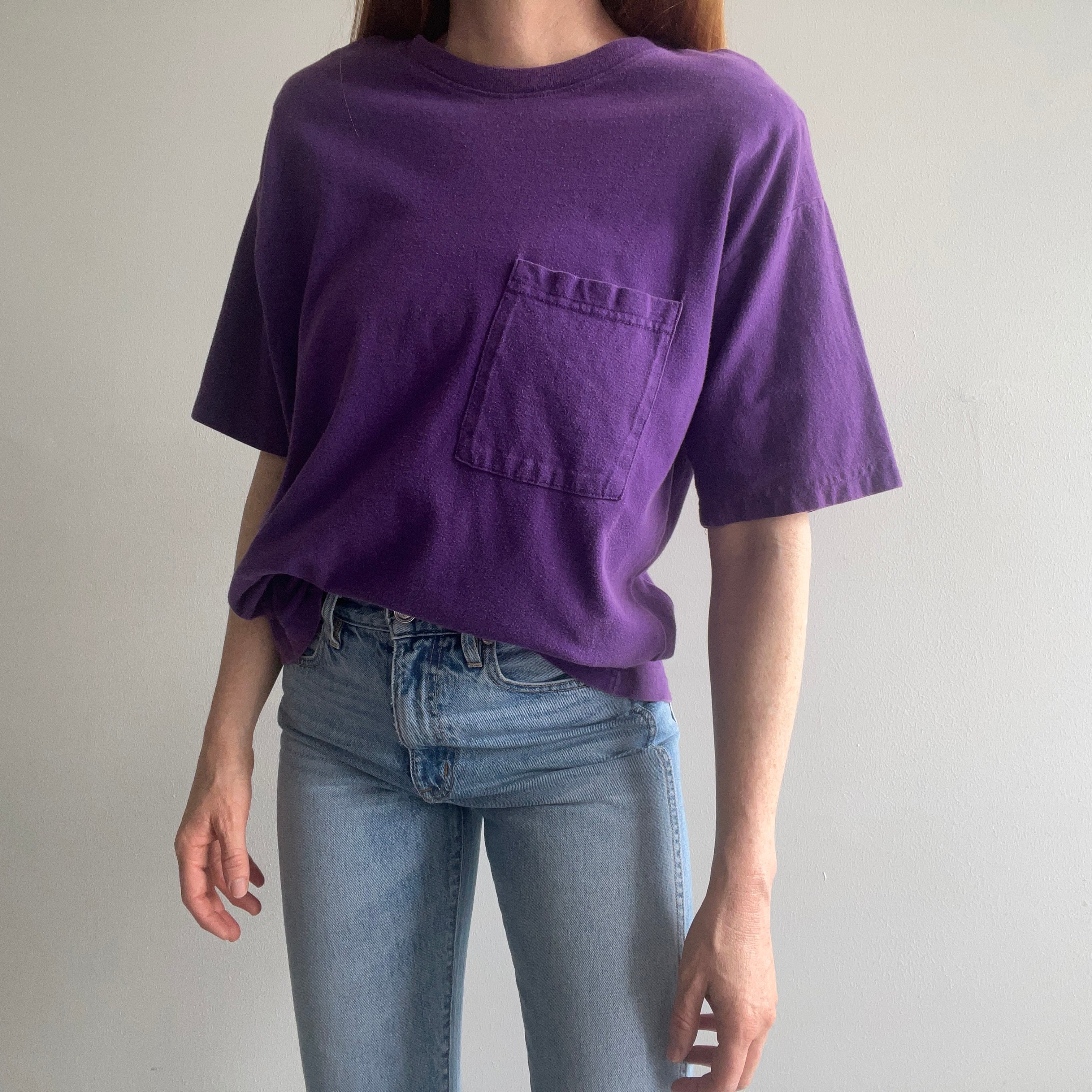 1980/90s Purple Pocket T-Shirt with Shoulder Pads - Yes Indeed!