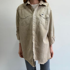 1980s Thrashed,Whiskered, Tattered, Torn, Worn, Wrangler Khaki Cowboy Snap Workwear Shirt