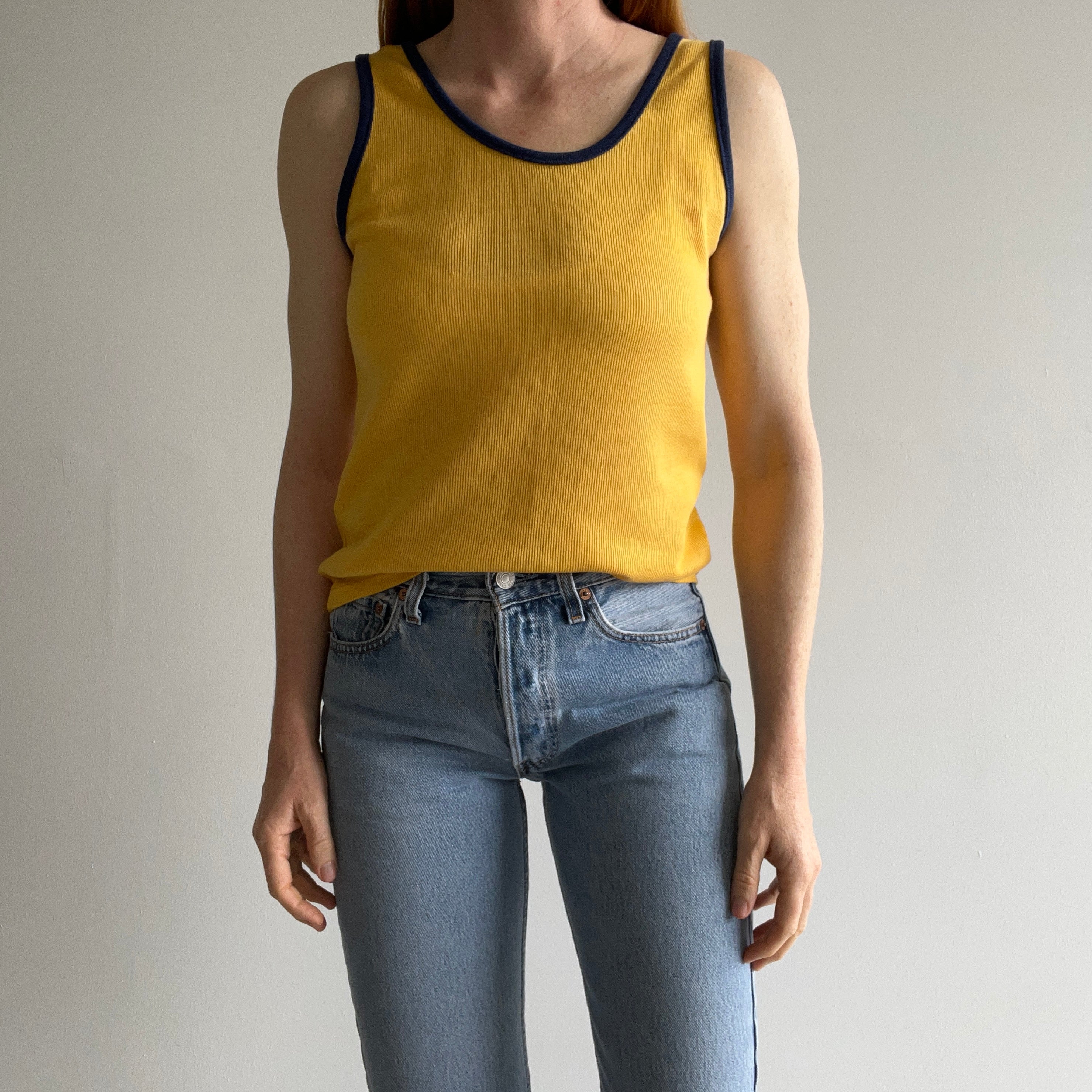 1970s K-Mart Two Tone (Mustard) Yellow and (Navy) Blue Tank Top