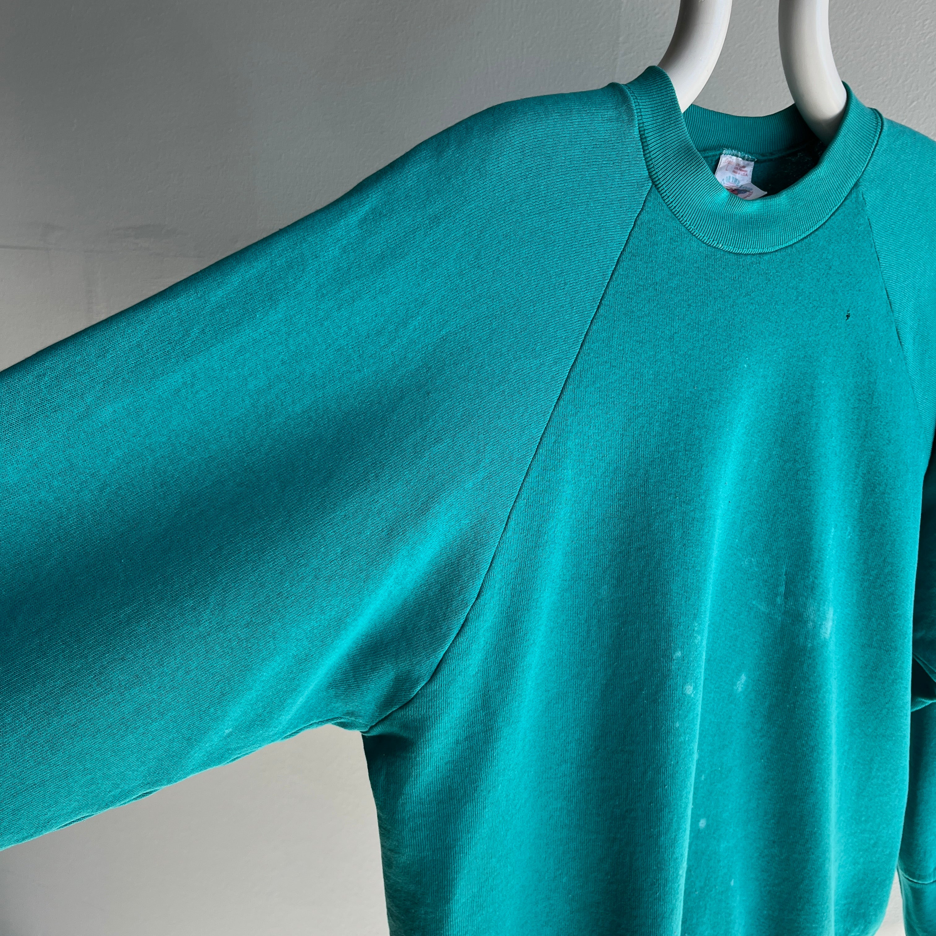 1980s Nicely Stained and Worn and Faded and and and Teal Sweatshirt