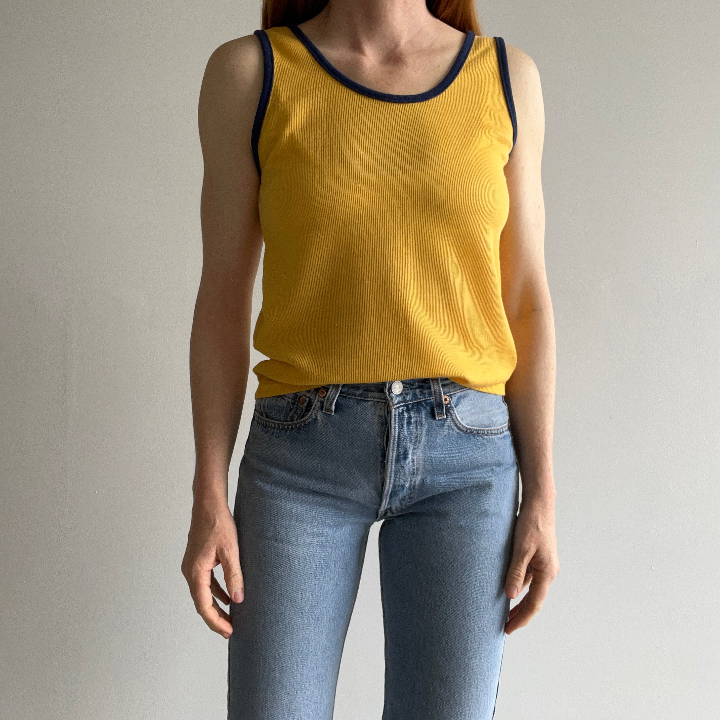 1970s K-Mart Two Tone (Mustard) Yellow and (Navy) Blue Tank Top