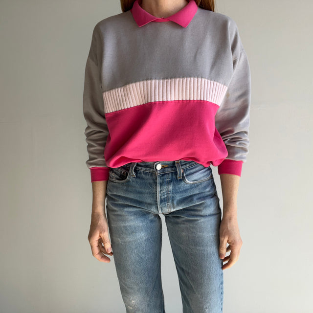 1980s Pink and Gray Color Block Polo Sweatshirt