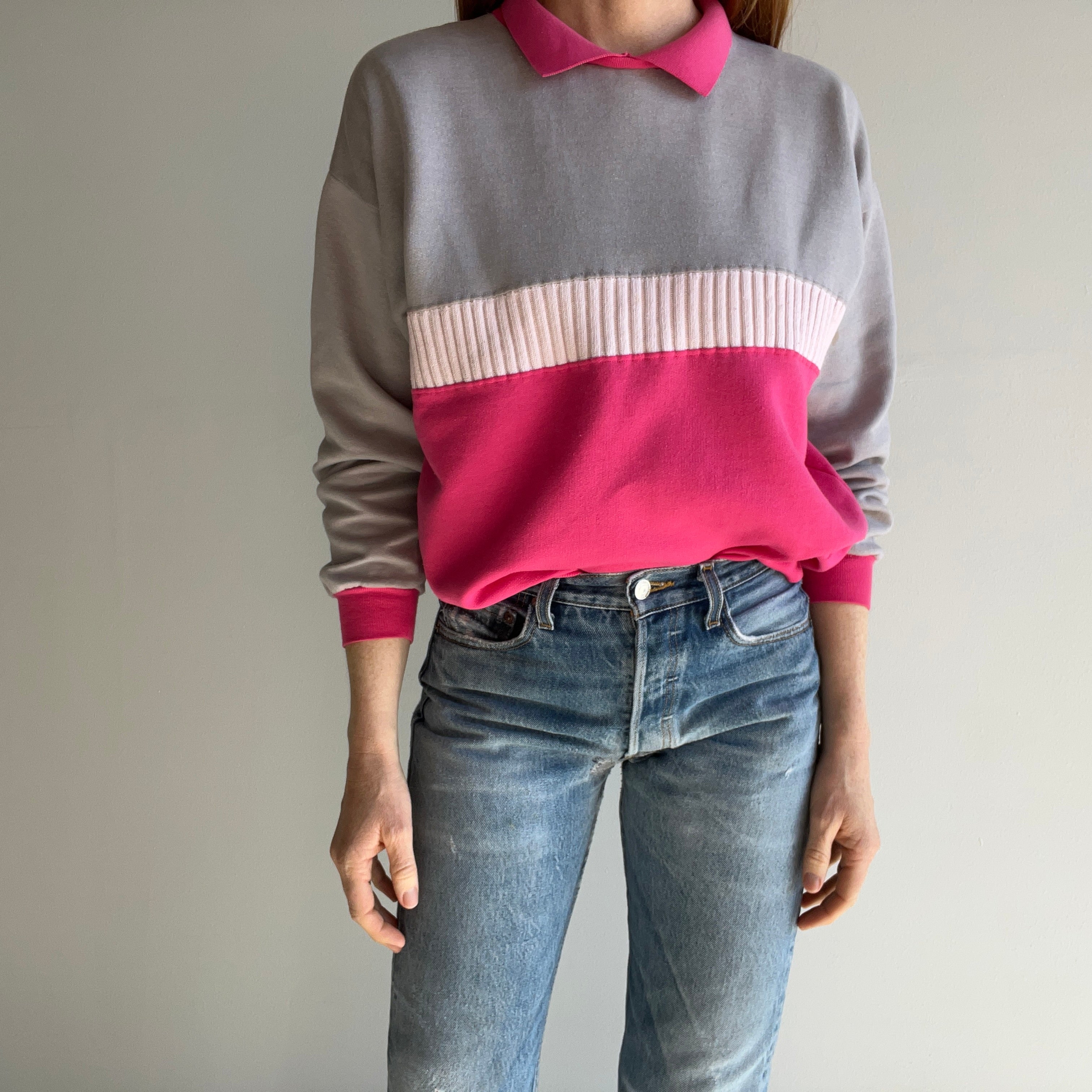 1980s Pink and Gray Color Block Polo Sweatshirt