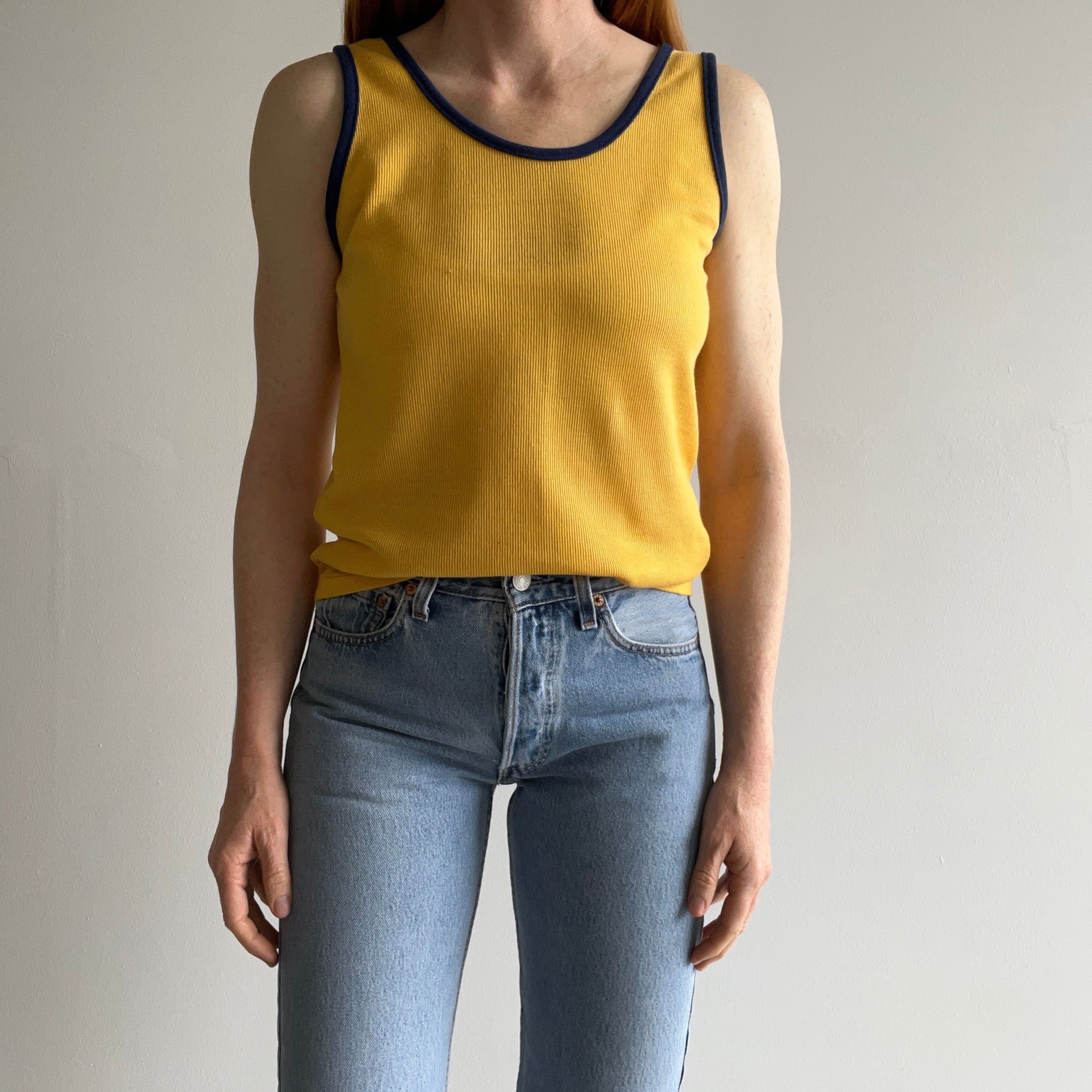 1970s K-Mart Two Tone (Mustard) Yellow and (Navy) Blue Tank Top