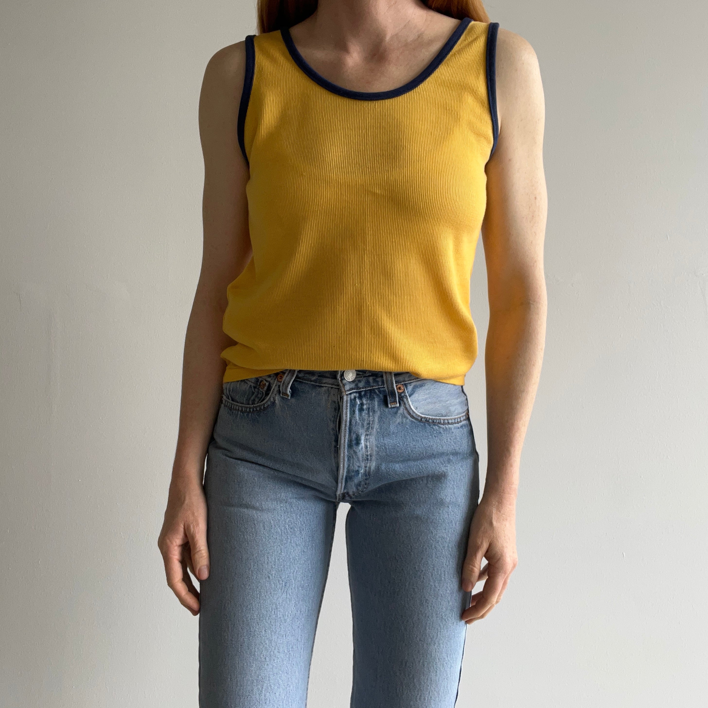 1970s K-Mart Two Tone (Mustard) Yellow and (Navy) Blue Tank Top