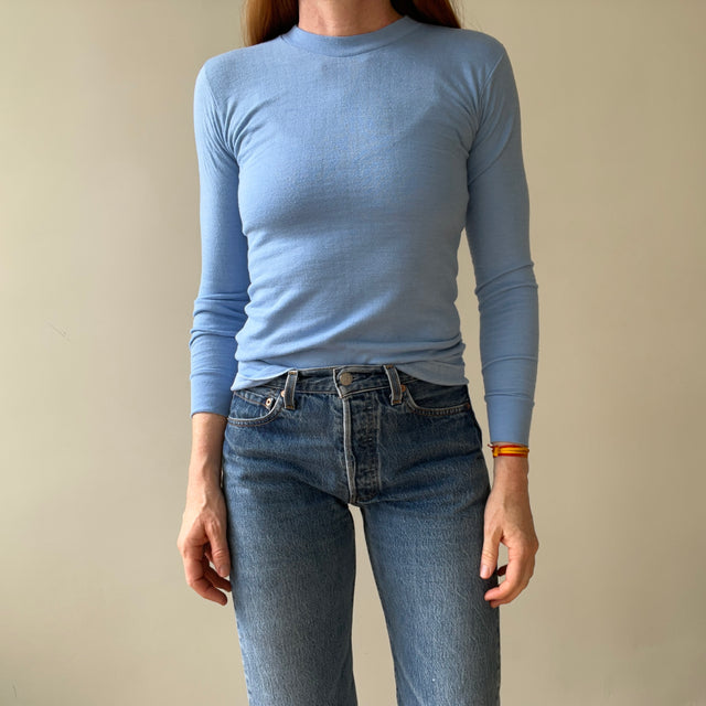 1970s Baby Blue Thermal Style Long Sleeve T Shirt