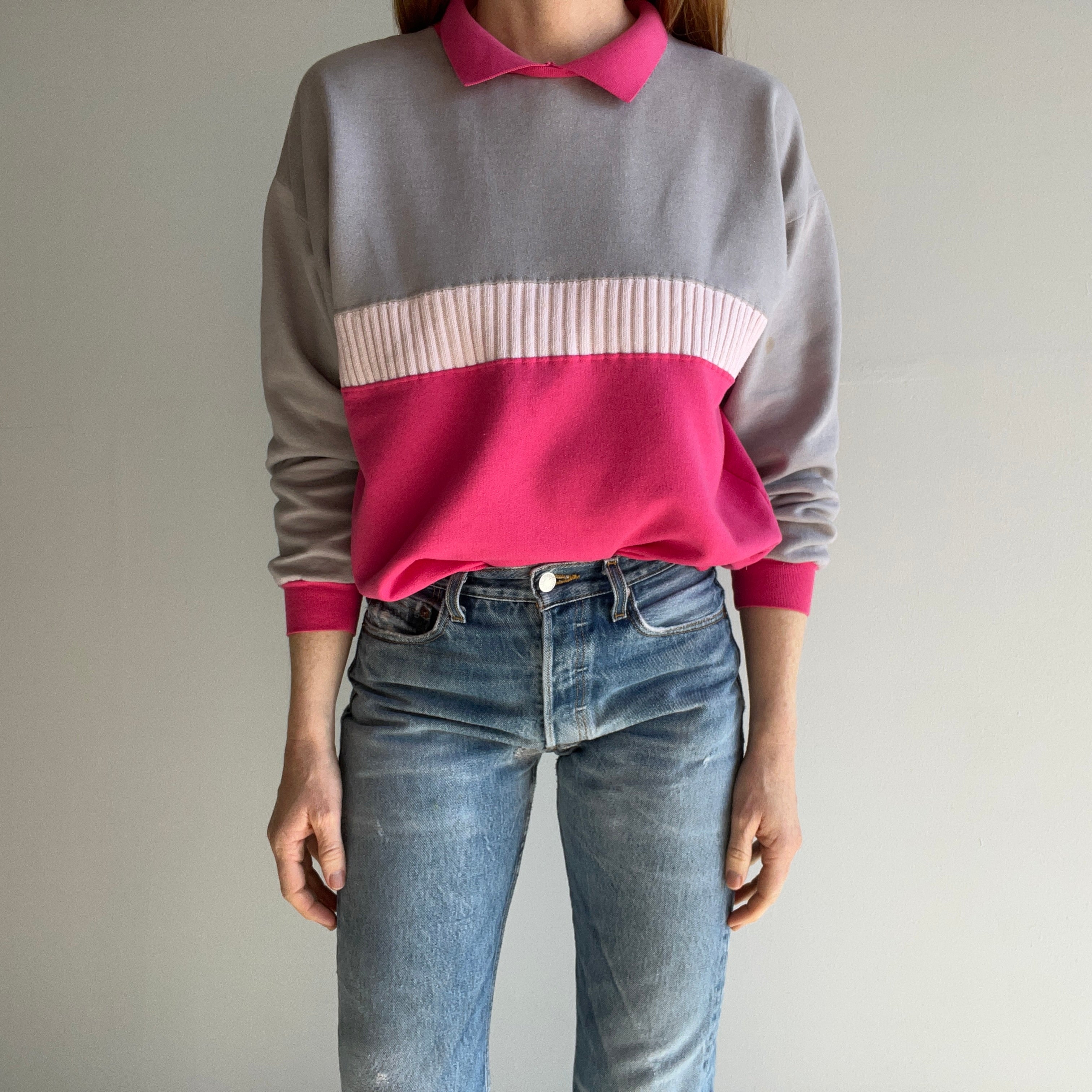 1980s Pink and Gray Color Block Polo Sweatshirt