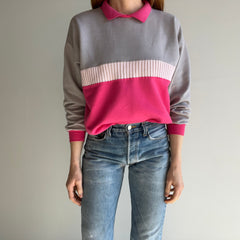 1980s Pink and Gray Color Block Polo Sweatshirt