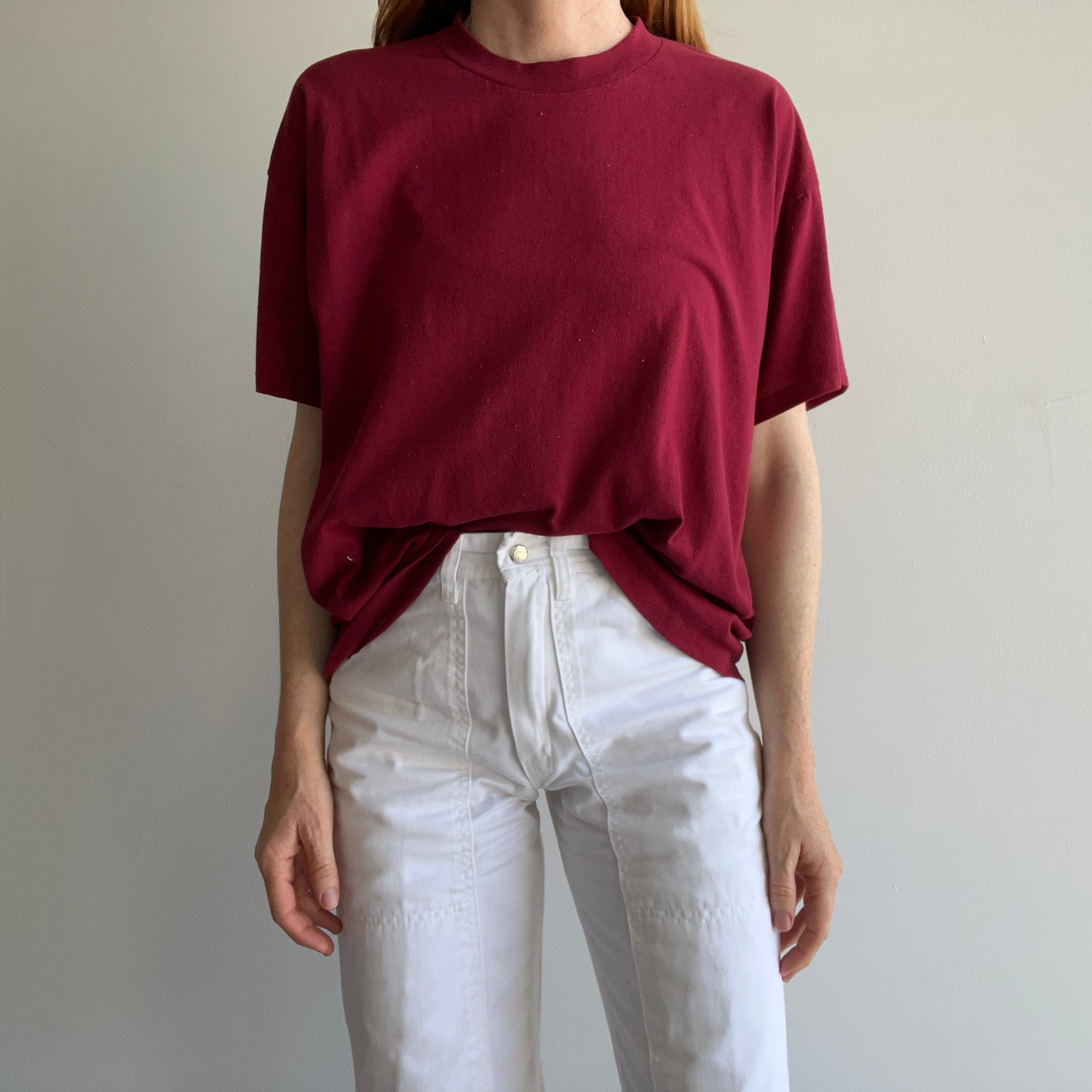 1990s Soft and Wonderfully Slouchy Merlot/Burgundy Blank Single Stitch T-Shirt