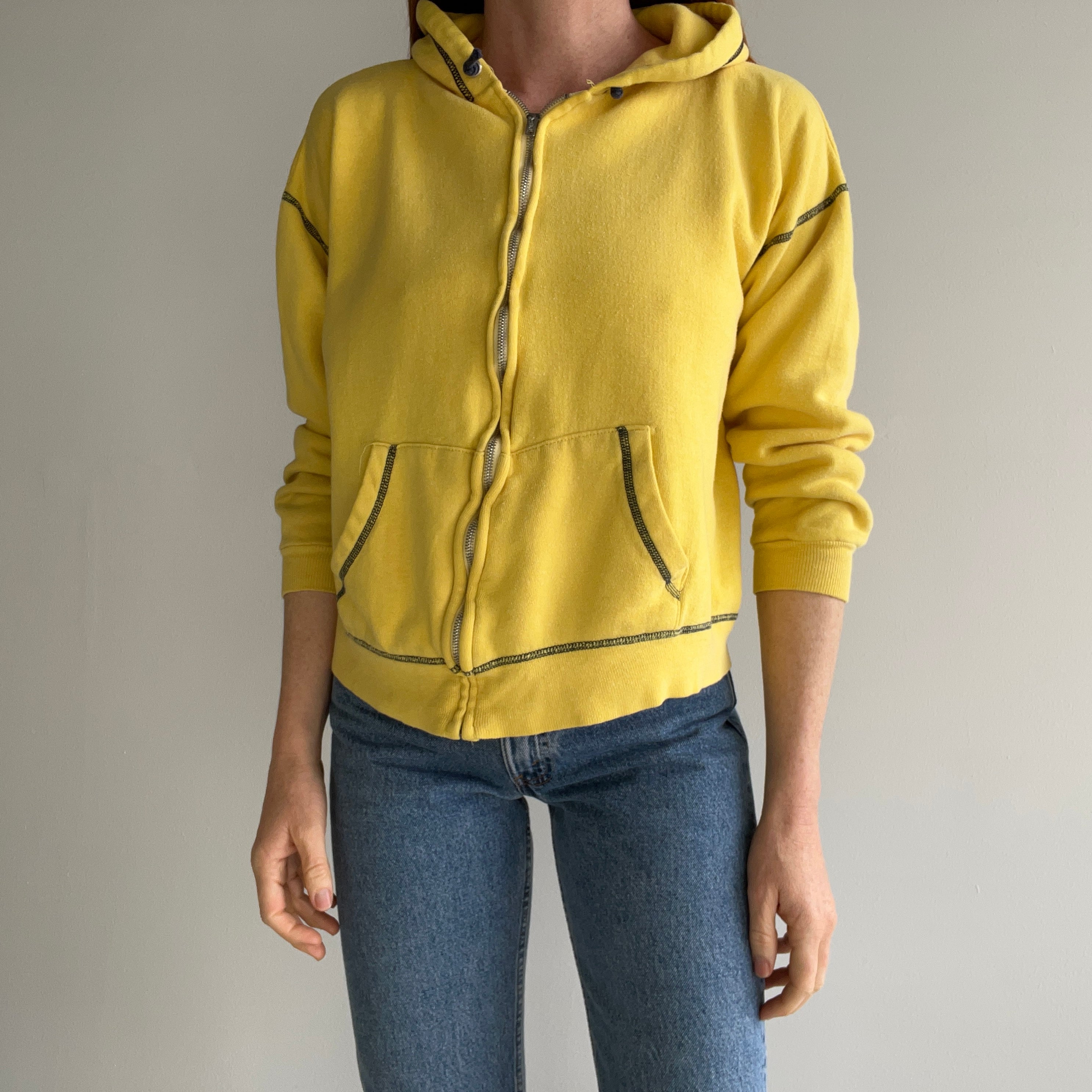 1970s Mostly Cotton Zip Up Hoodie with Navy Contrast Stitching